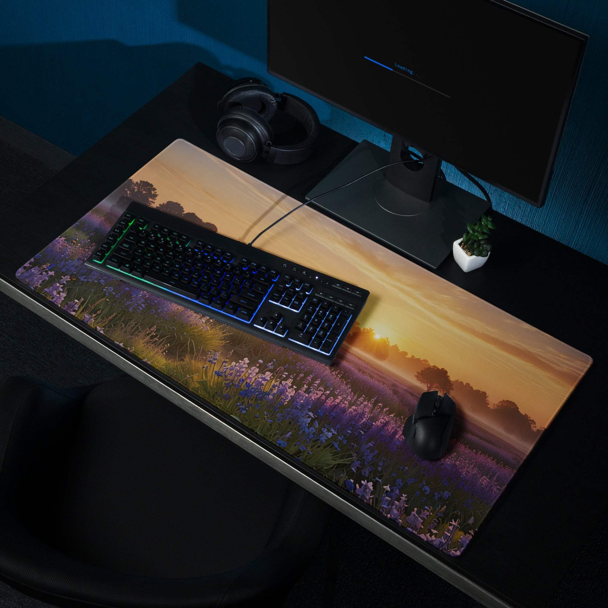 Tranquil sunrise lavender field gaming mouse pad with sunset view