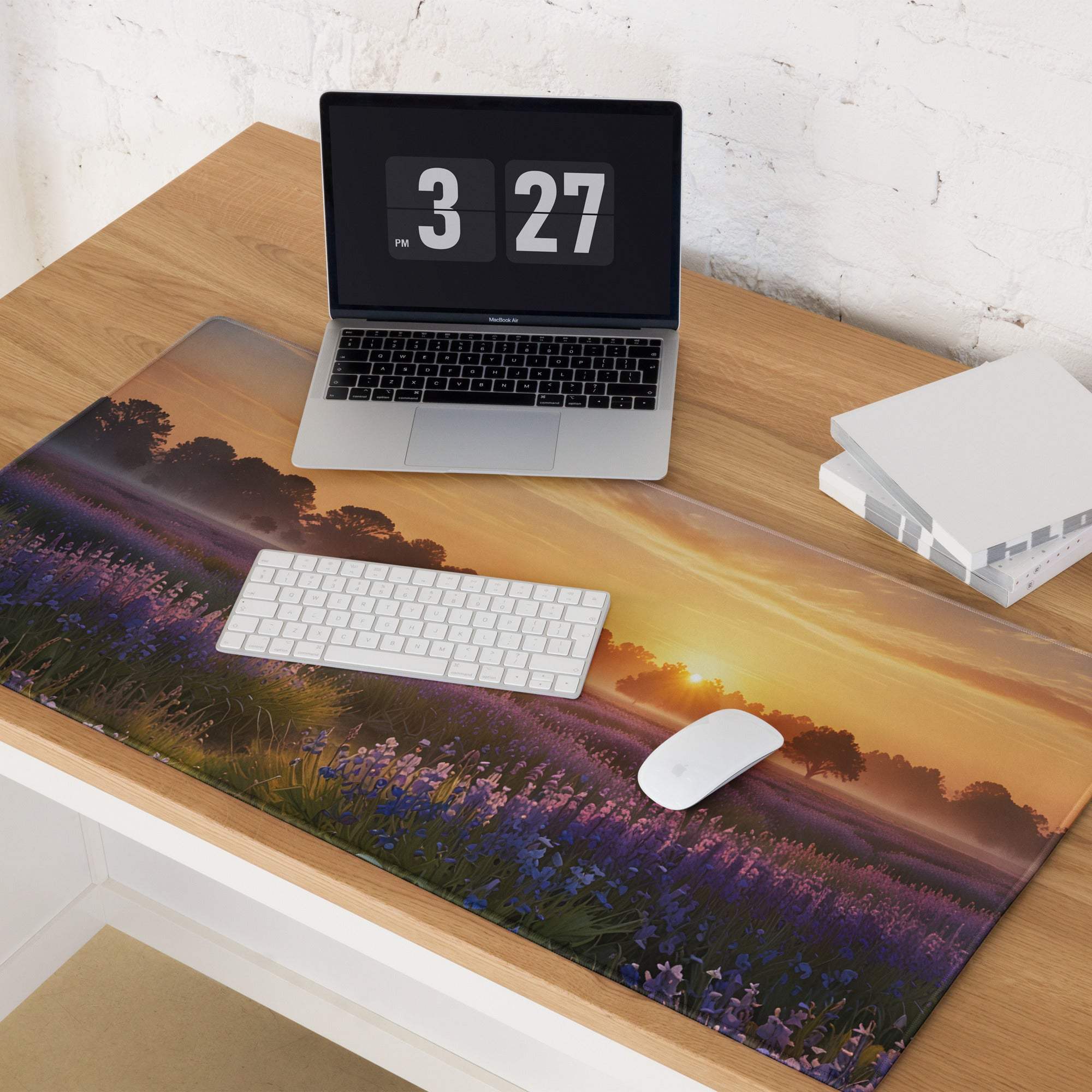 Tranquil sunrise lavender field gaming mouse pad with sunset view