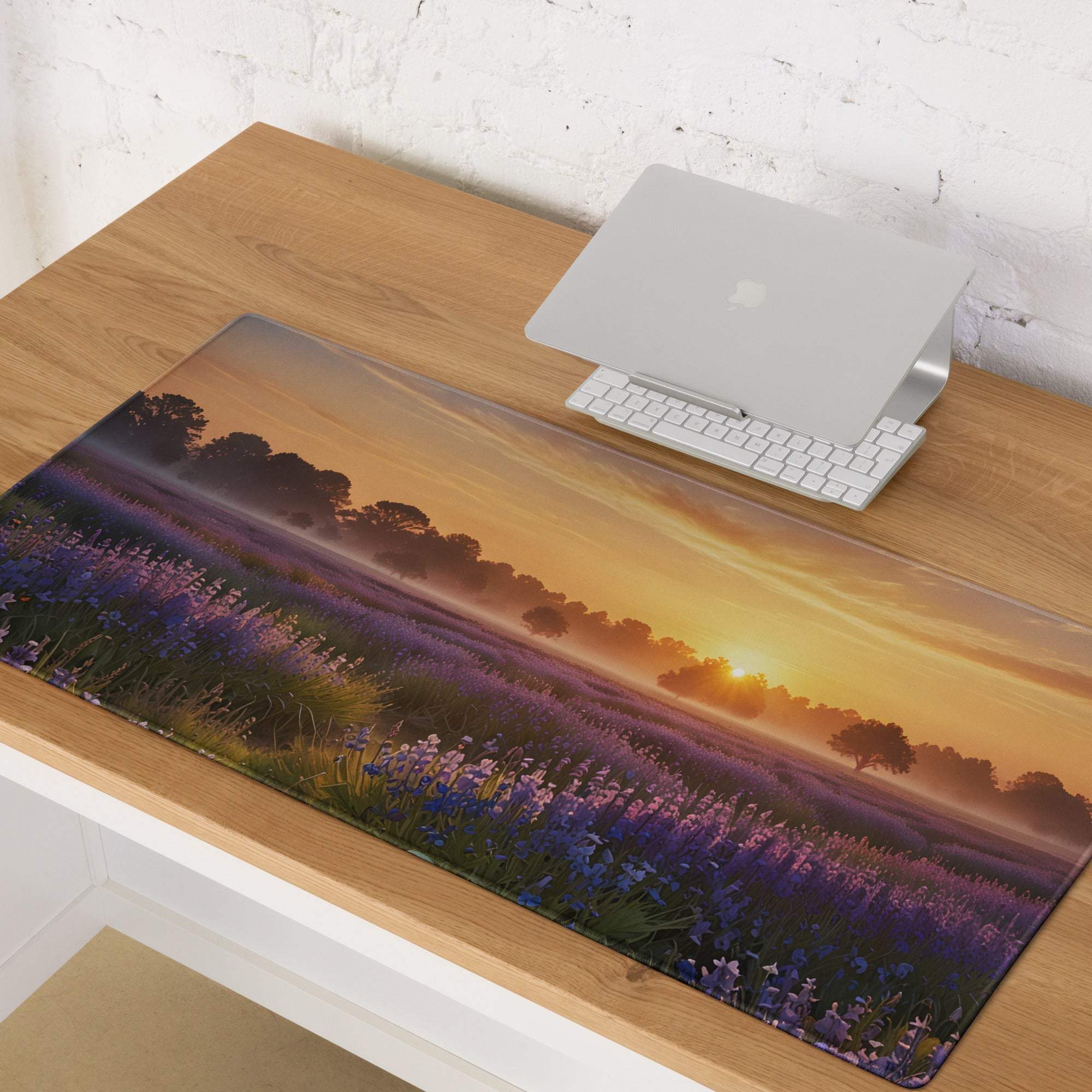 Tranquil Sunrise Lavender Field gaming mouse pad with non-slip backing