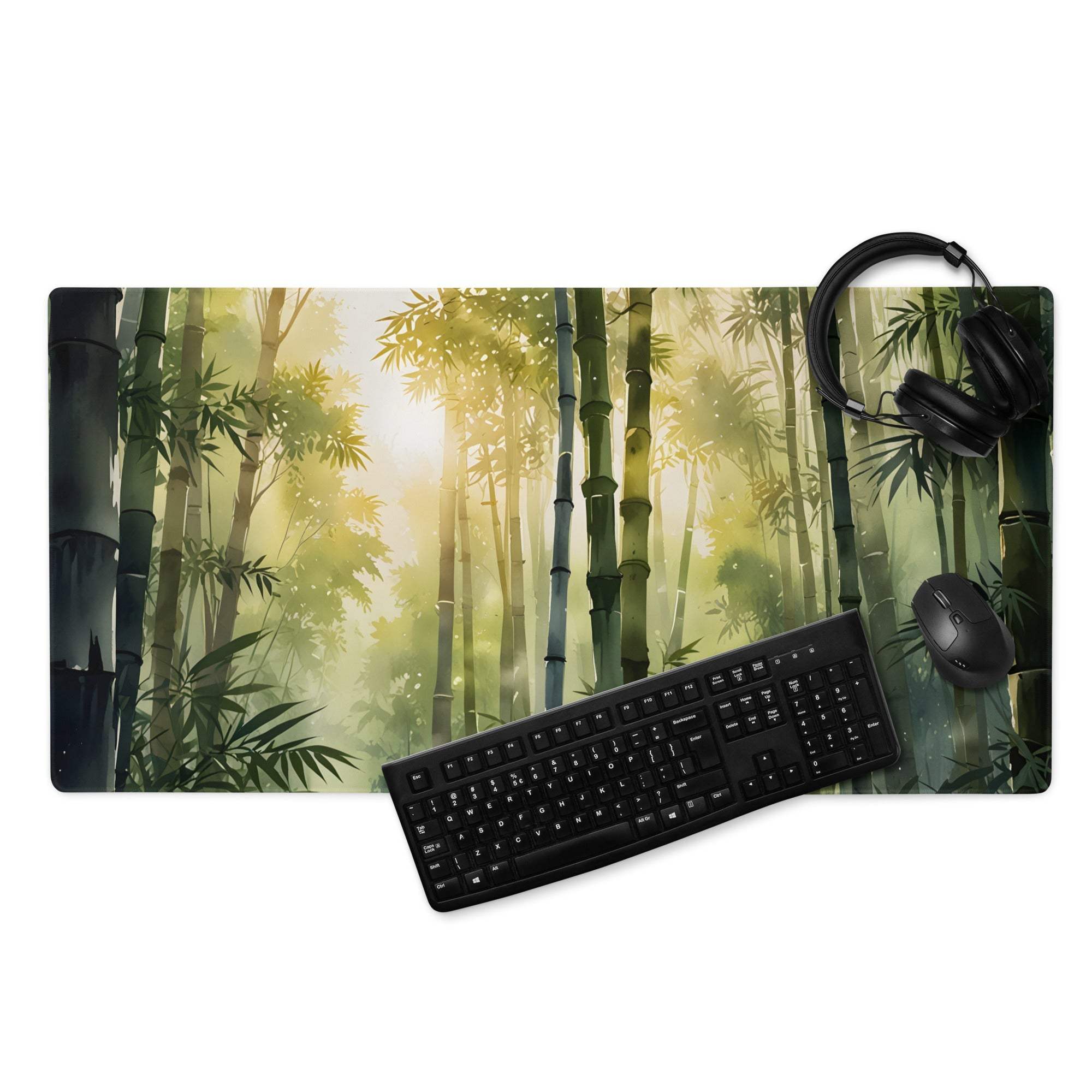 Nature inspired ornate bamboo landscape gaming mouse pad with lush sunlit morning glow