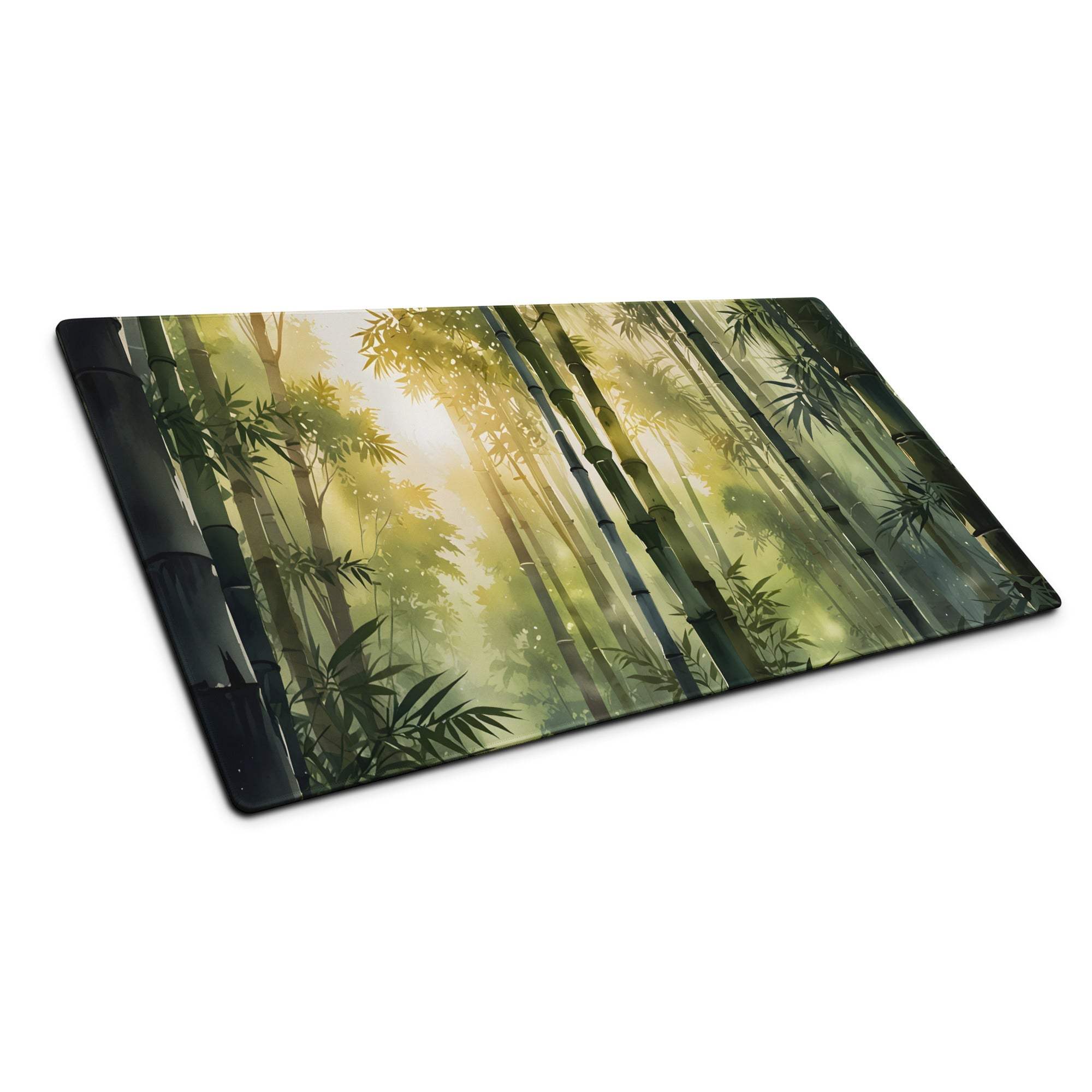 Nature inspired ornate bamboo landscape gaming mouse pad, lush sunlit morning ethereal glow
