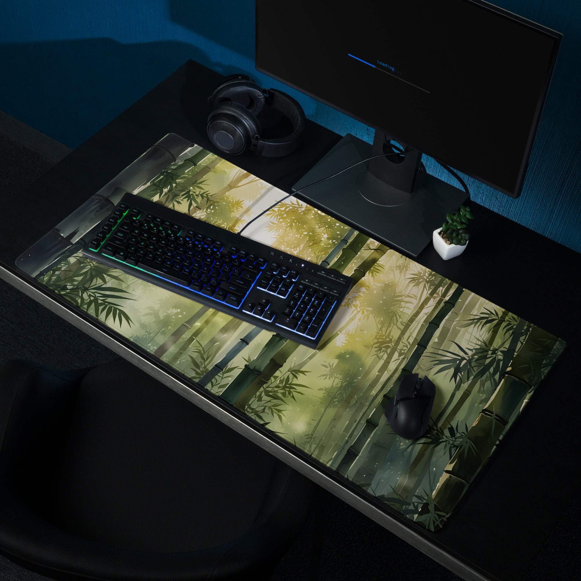 Nature inspired ornate bamboo landscape gaming mouse pad with glossy gradient glow