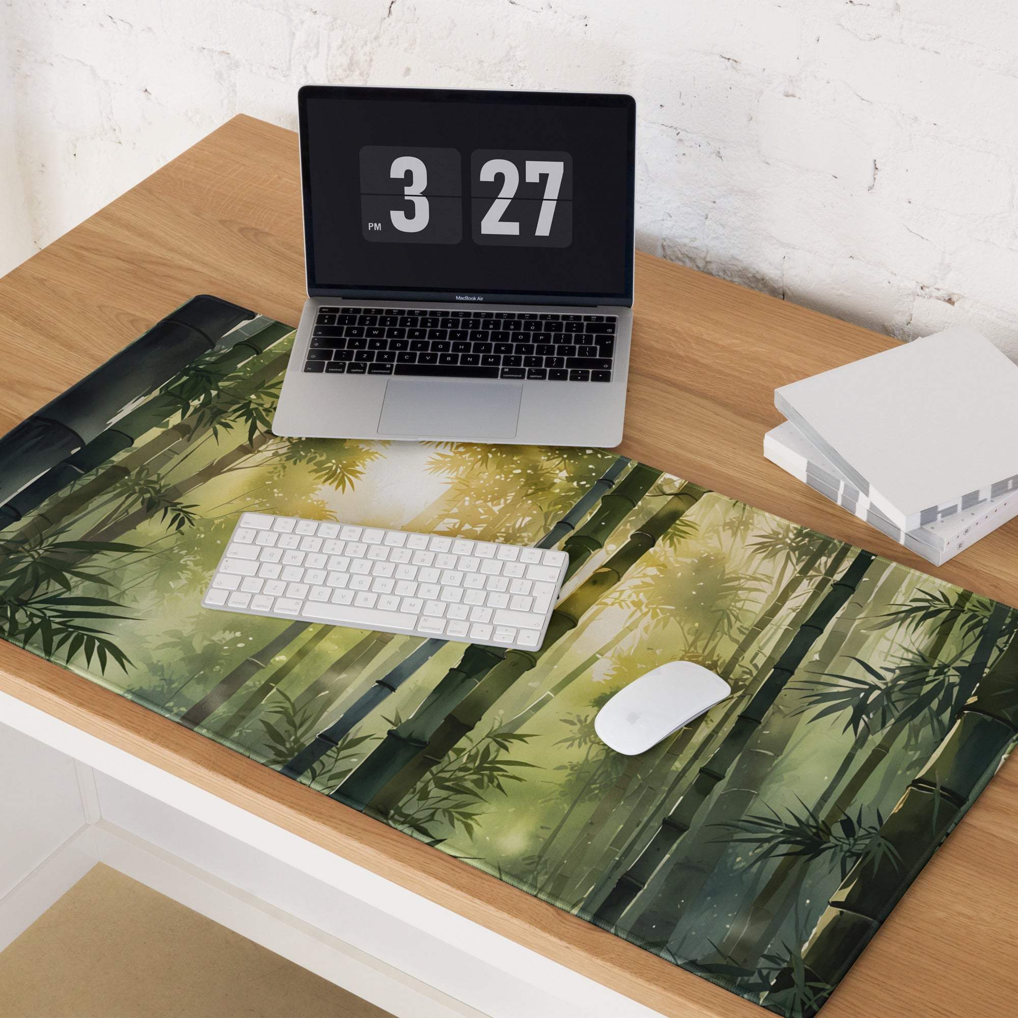 Nature-inspired bamboo forest gaming mouse pad with lush sunlit glow