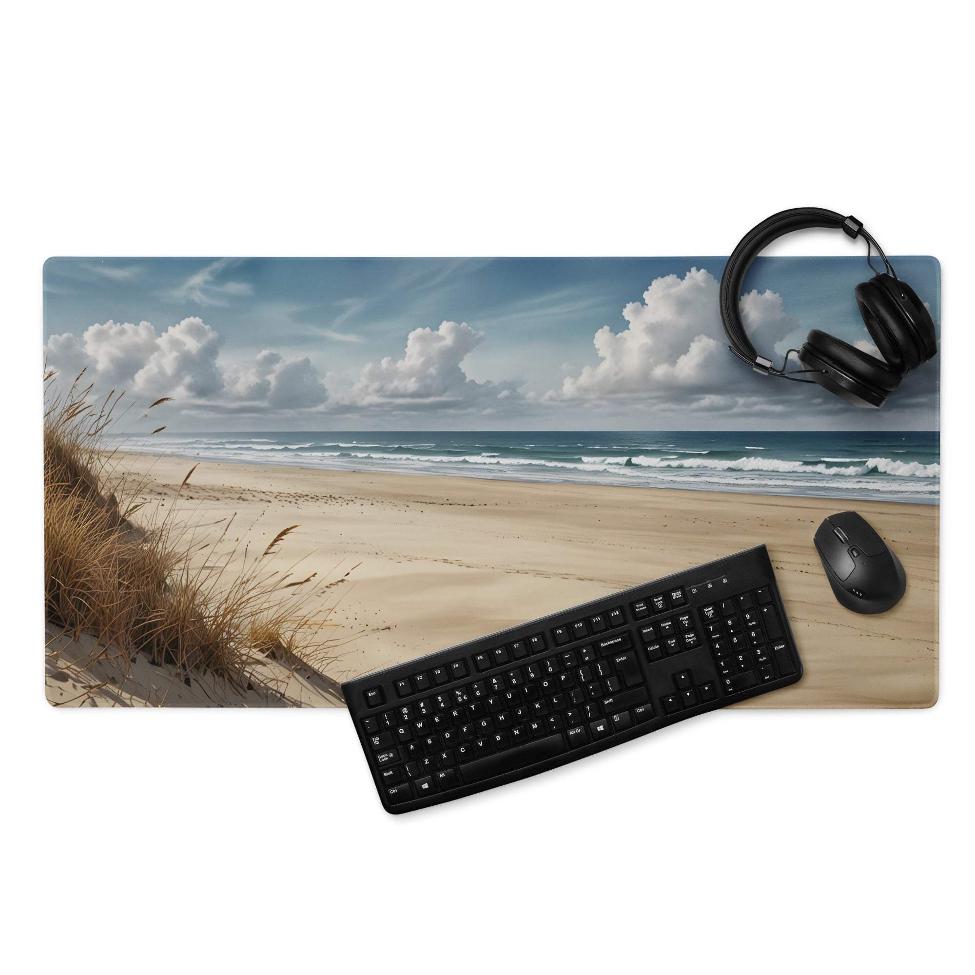 Serene coastal beach scene mouse pad with dunes, waves, blue sky