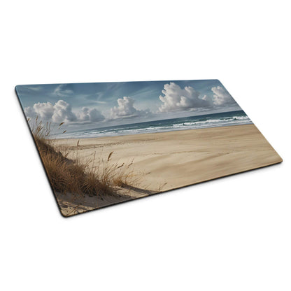 Serene beach scene glass cutting board with blue sky and sand