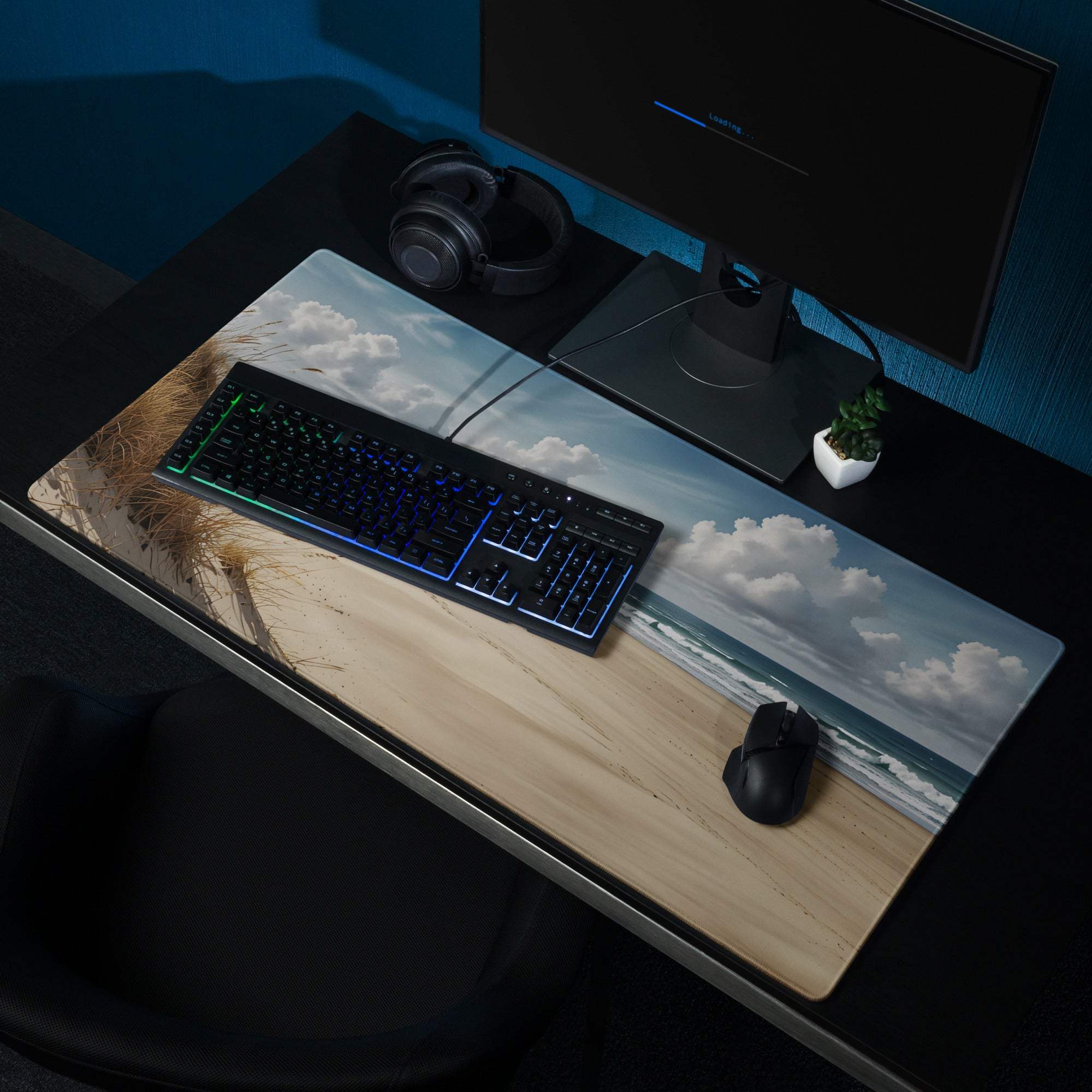 Serene coastal beach scene gaming mouse pad with sand, waves, blue sky, clouds