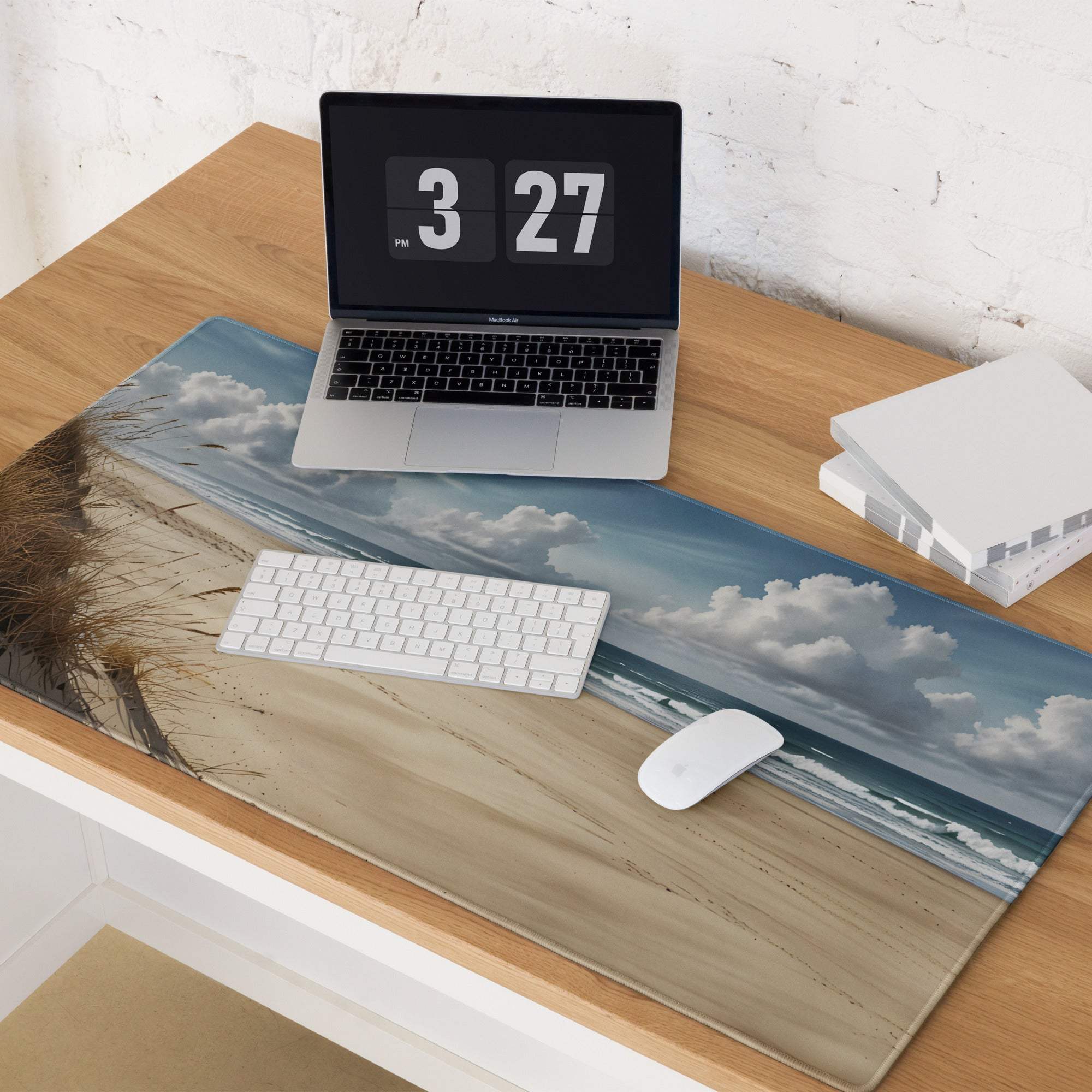 Serene coastal beach scene mouse pad with sand, waves, blue sky, clouds
