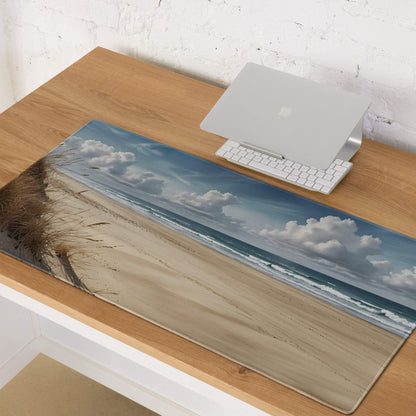 Serene coastal beach scene mousepad with dunes, waves, calming blue sky