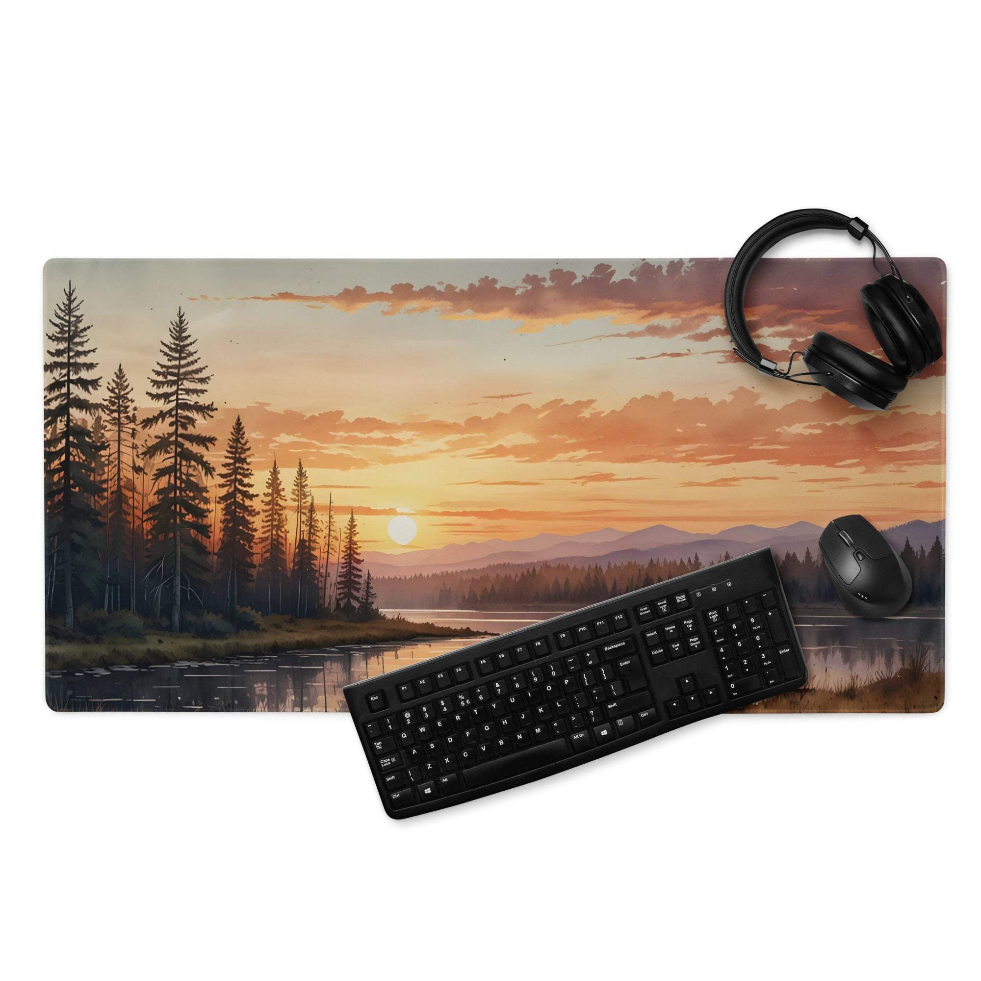 Large serene sunset lake with pines gaming mouse pad, non-slip base
