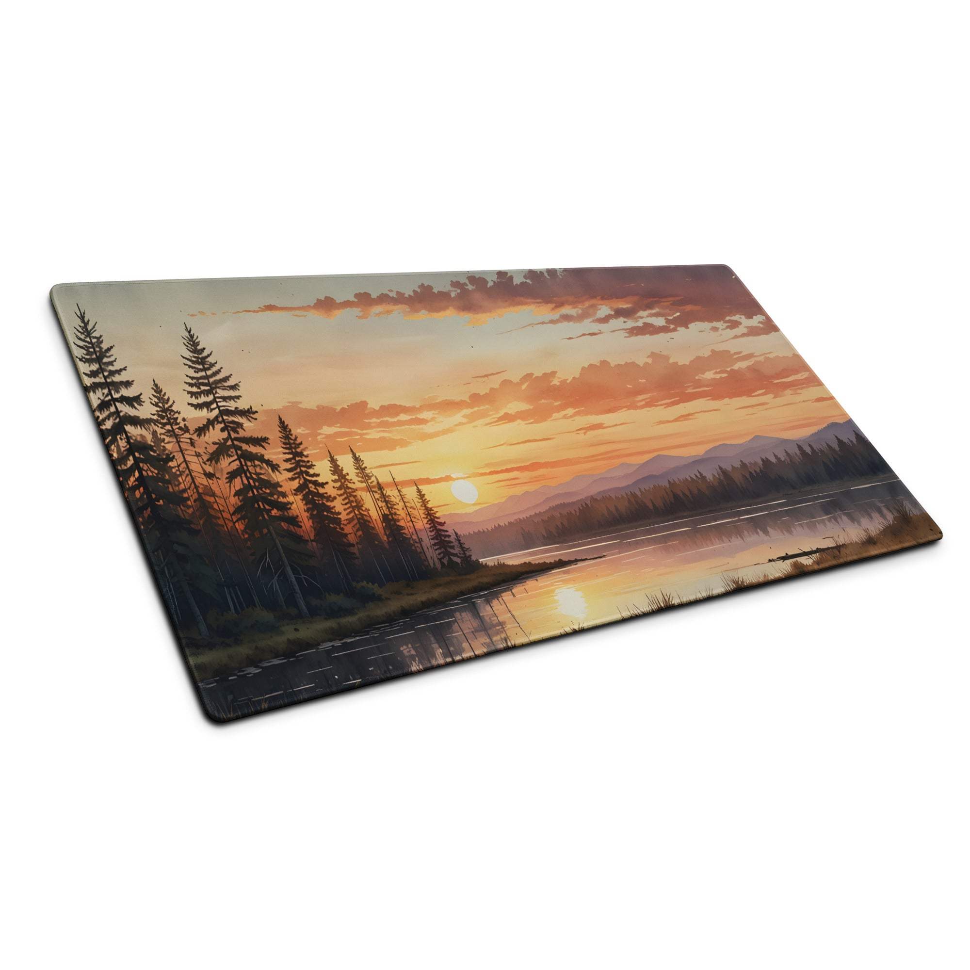 Serene sunset forest landscape on large gaming mouse pad with non-slip base