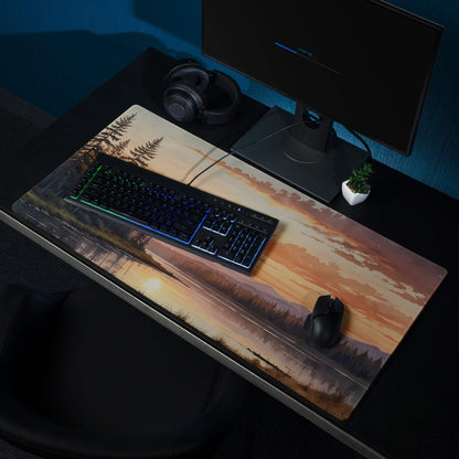 Serene Sunset Forest gaming mouse pad with non-slip base, large size