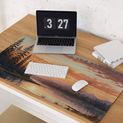 Serene Sunset Forest gaming mouse pad with scenic pine trees view