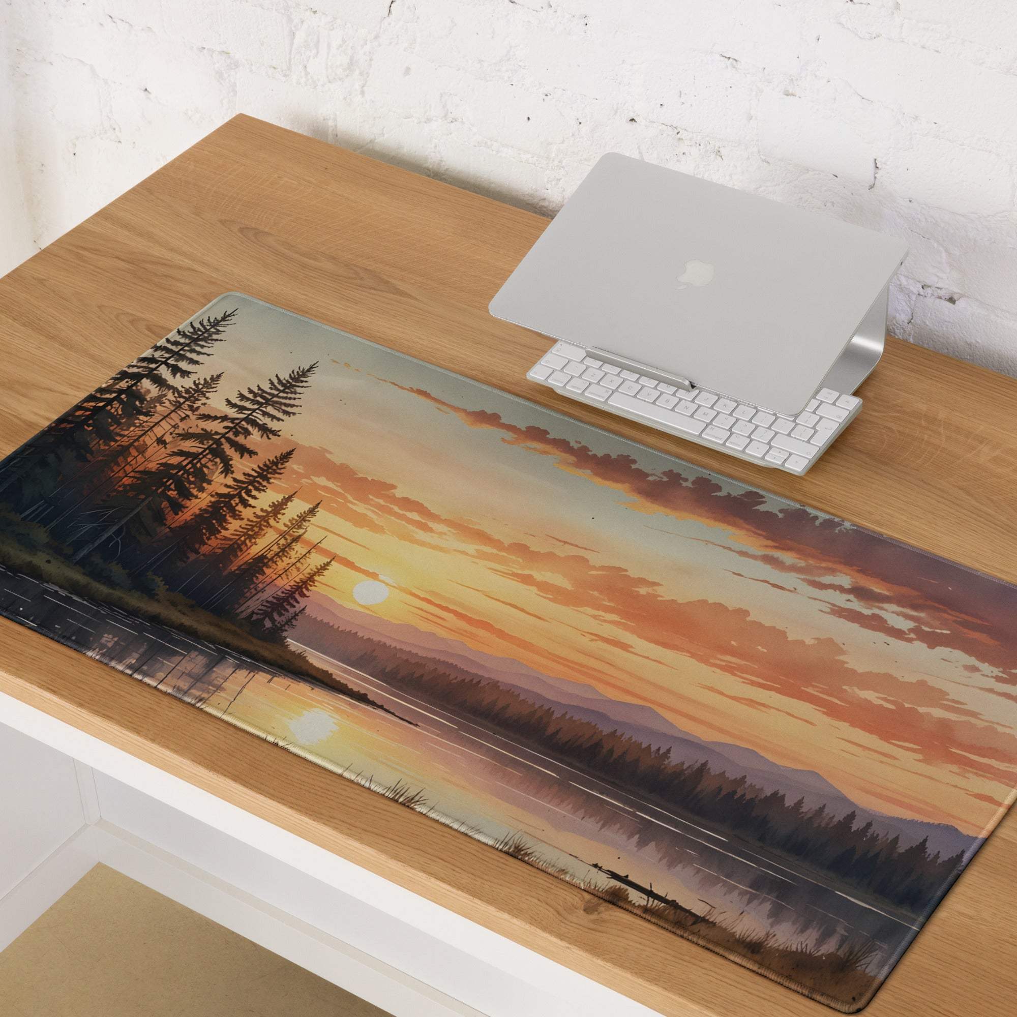 Serene sunset forest gaming mouse pad with silhouetted pines over water