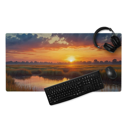 Large sunset marshland mouse pad with vibrant orange pink purple skies reflection, non-slip gaming surface