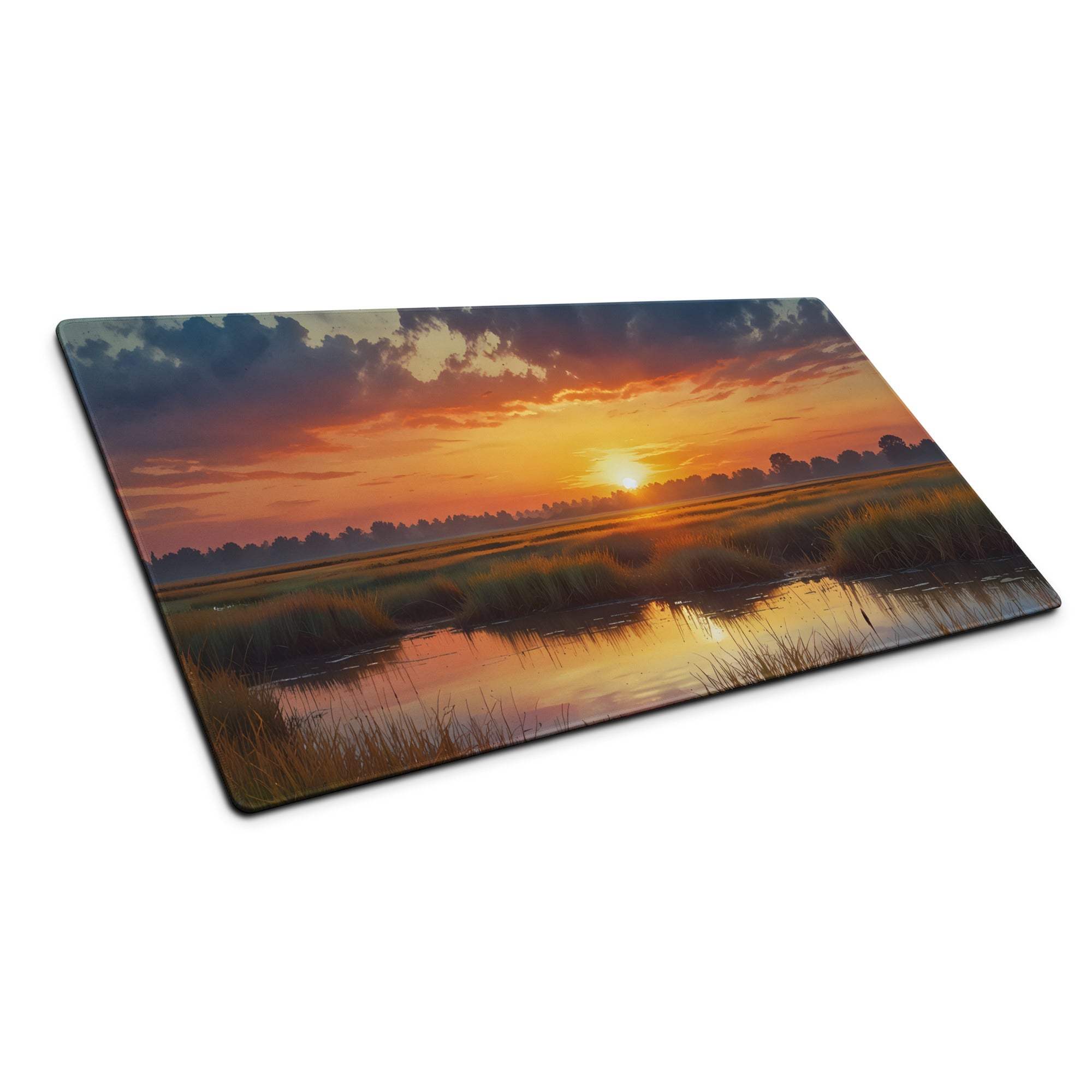 Vibrant sunset marshland glass cutting board on large gaming mouse pad