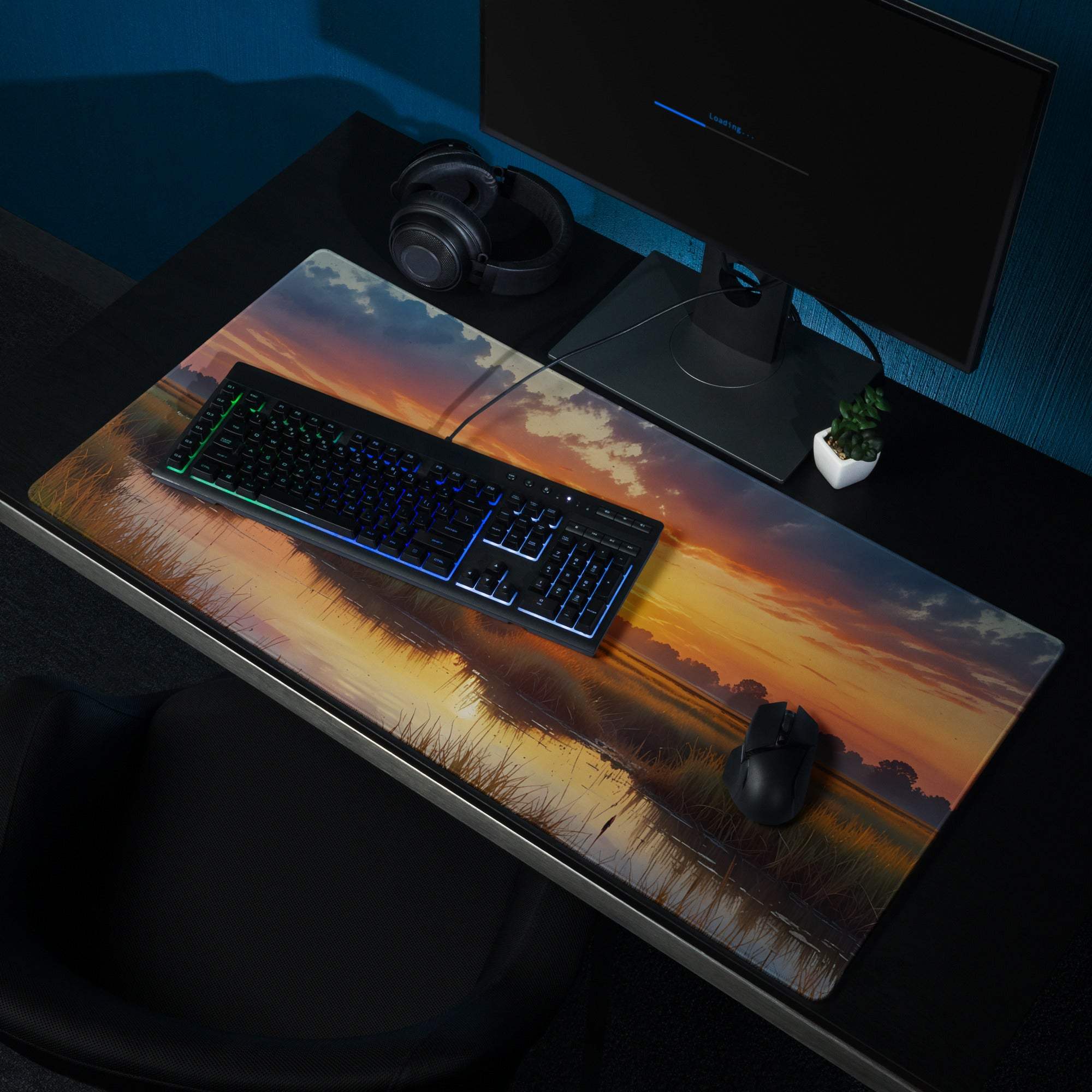 Large Sunset Landscape Gaming Mouse Pad with Vibrant Water Sunset Design