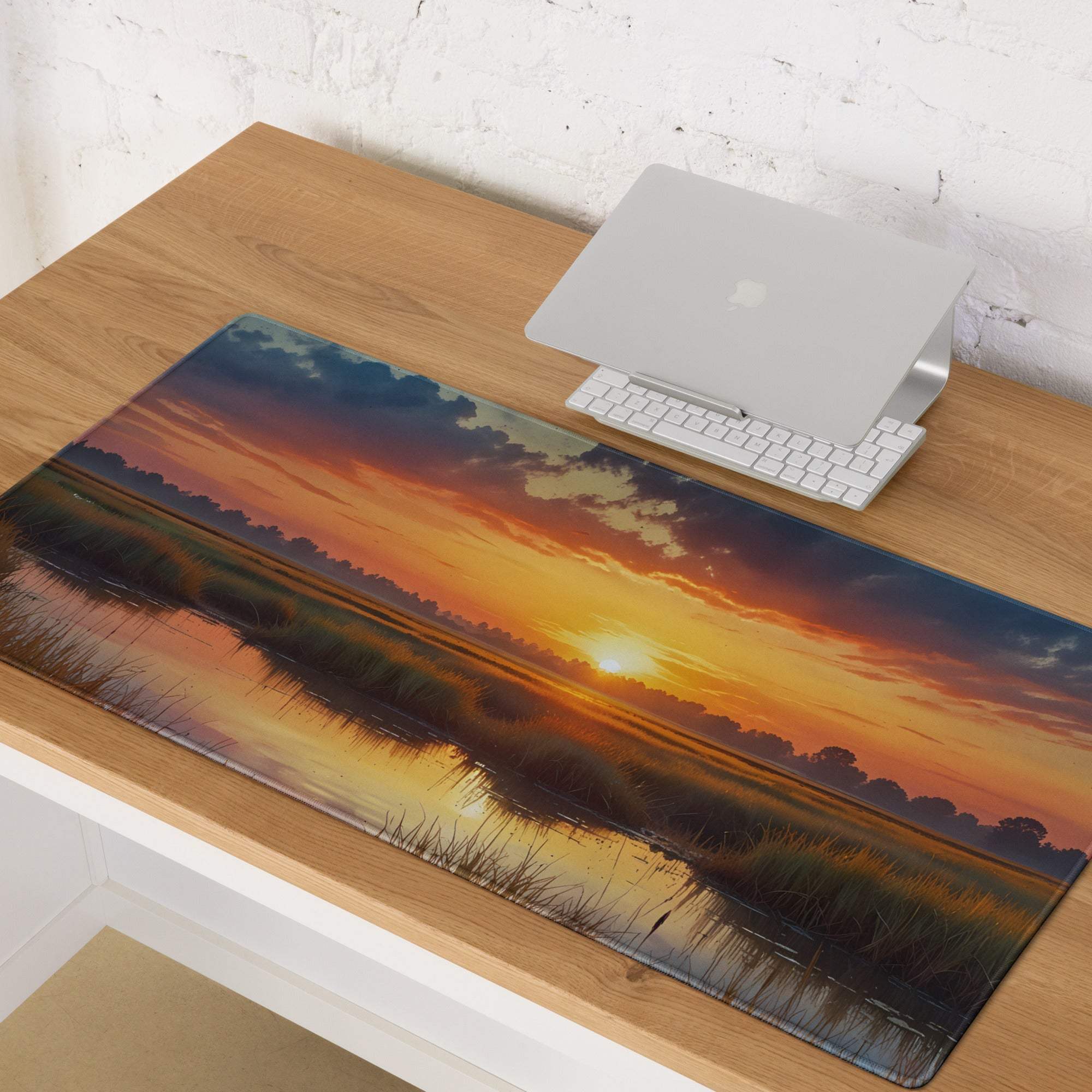 Large Sunset Landscape Gaming Mouse Pad with Vibrant Orange Gold Water Reflection