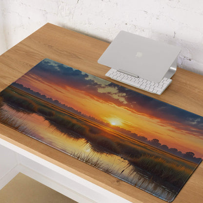 Large Sunset Landscape Gaming Mouse Pad with Vibrant Orange Gold Water Reflection