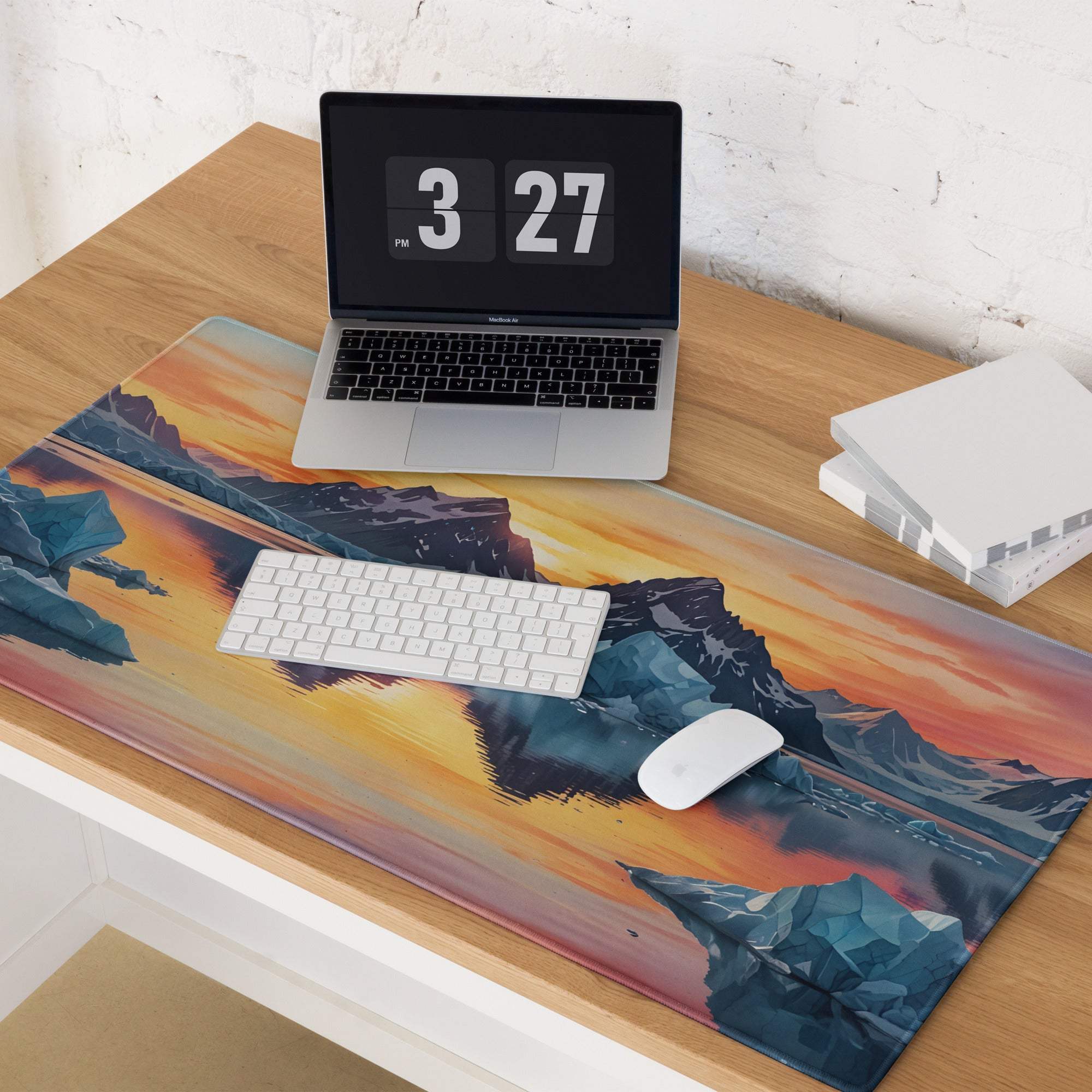 Premium vibrant ice mountain sunset gaming mouse pad with non-slip base