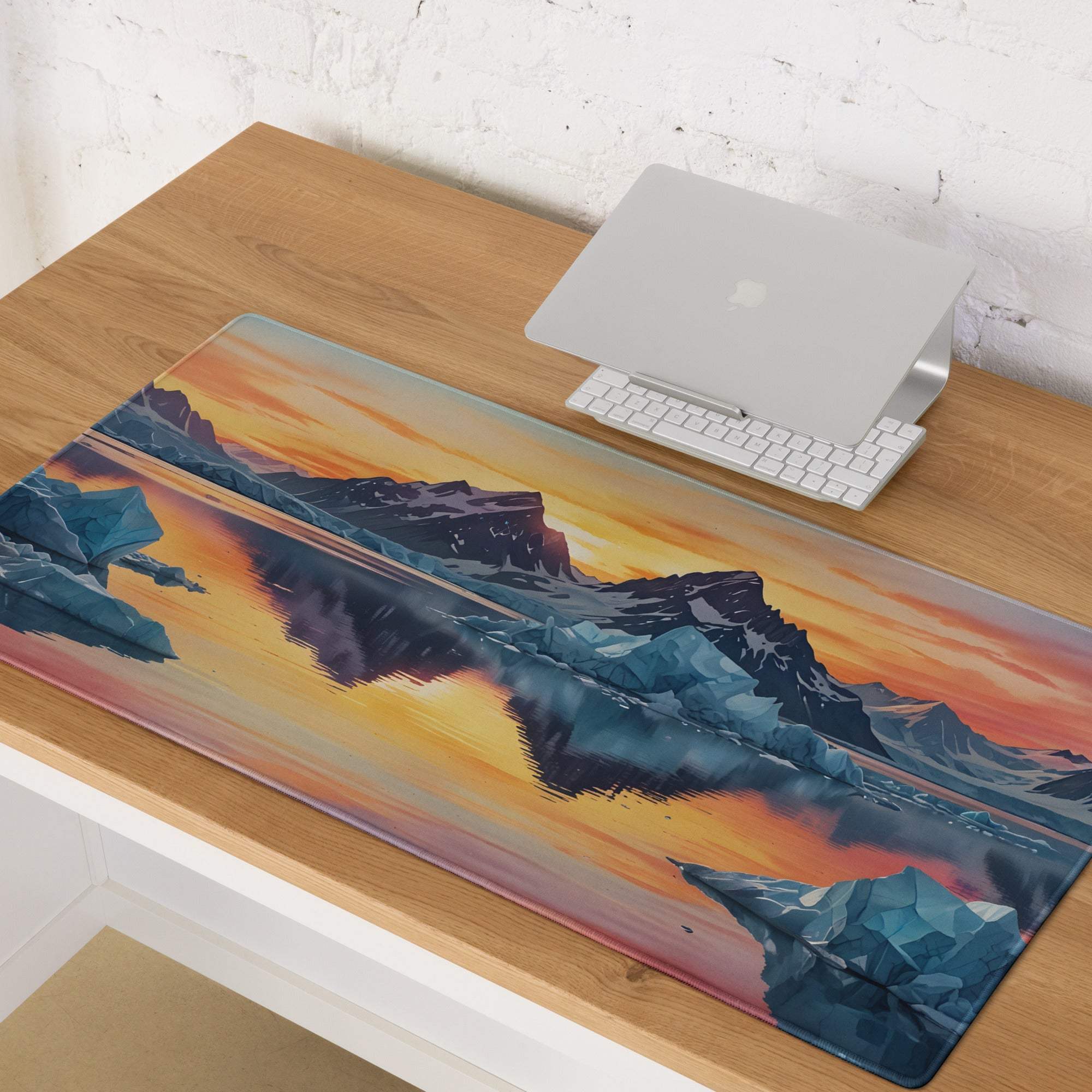 Premium icy mountains sunset gaming mouse pad with non-slip base