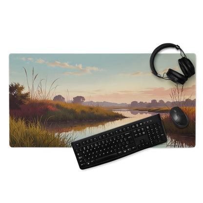 Serene sunset river landscape gaming mouse pad with grasses, river, trees