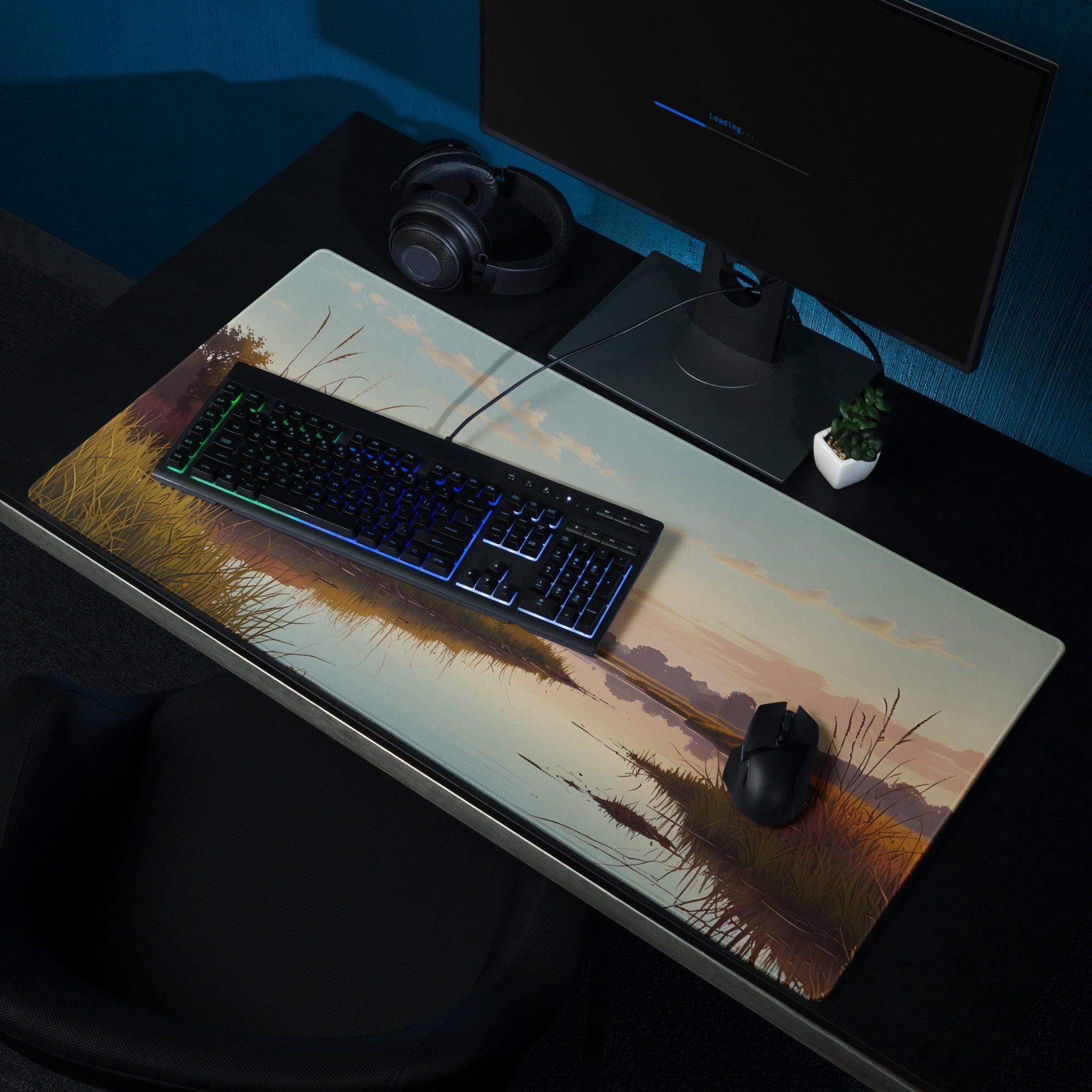 Serene Sunset River Landscape gaming mouse pad with non-slip base