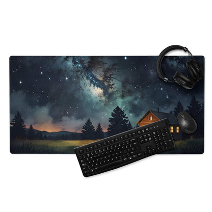 Dreamy night sky forest cabin large gaming mouse pad with galaxy, cabin, pines