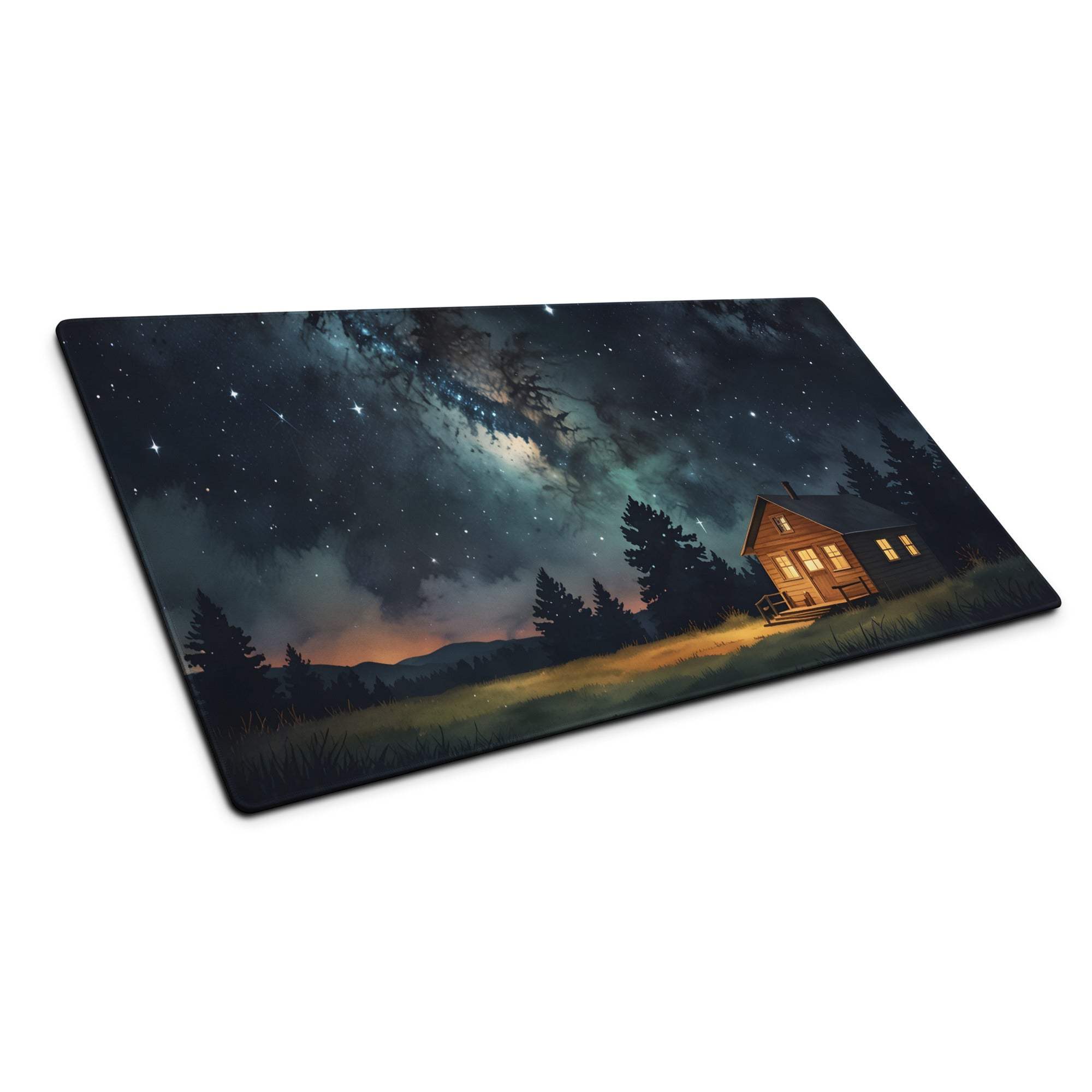 Rectangular night sky cutting board with cozy cabin under stars and pines