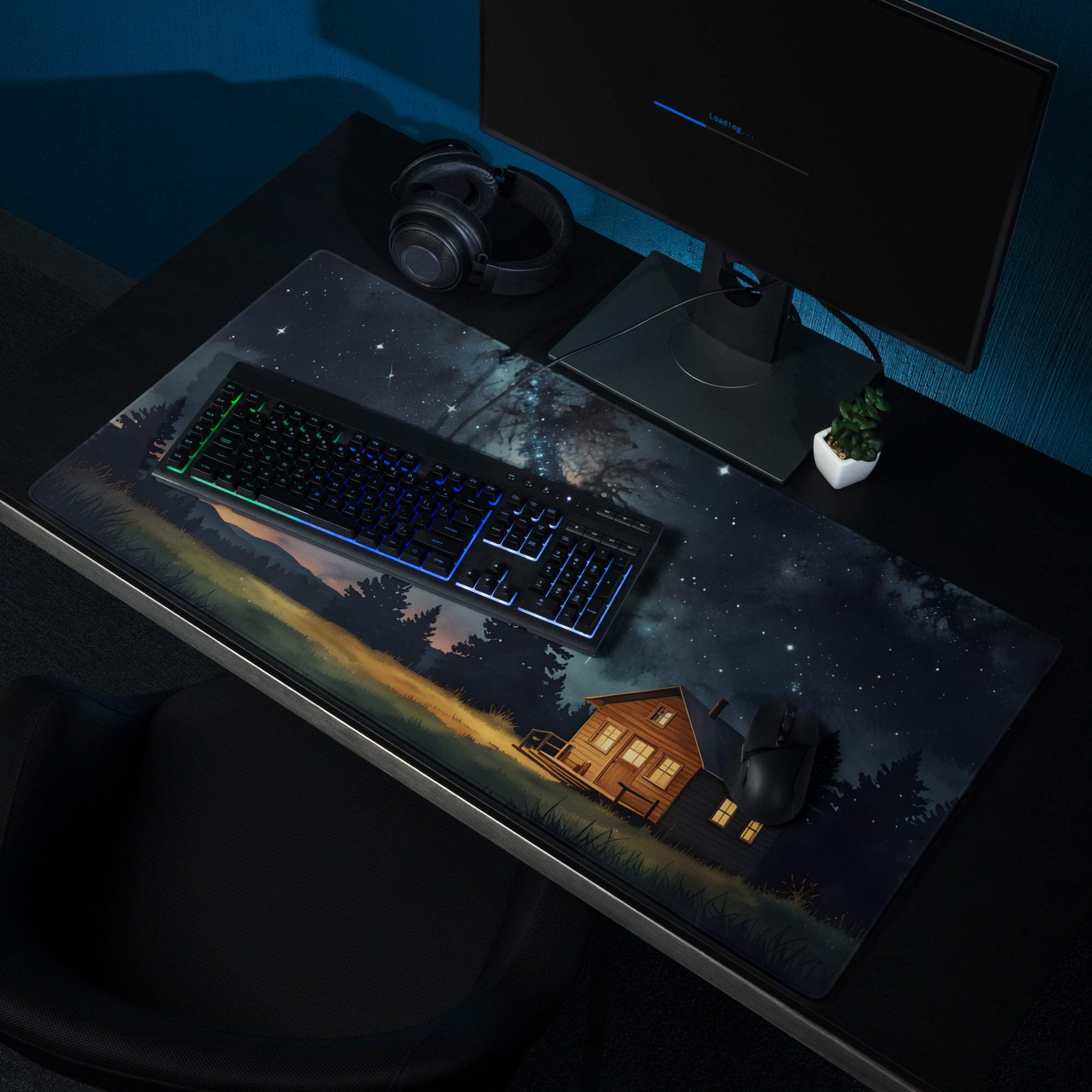 Dreamy night sky forest cabin gaming mouse pad with non-slip backing