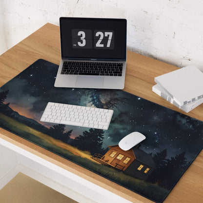 Large dreamy night sky forest cabin gaming mouse pad with non-slip backing