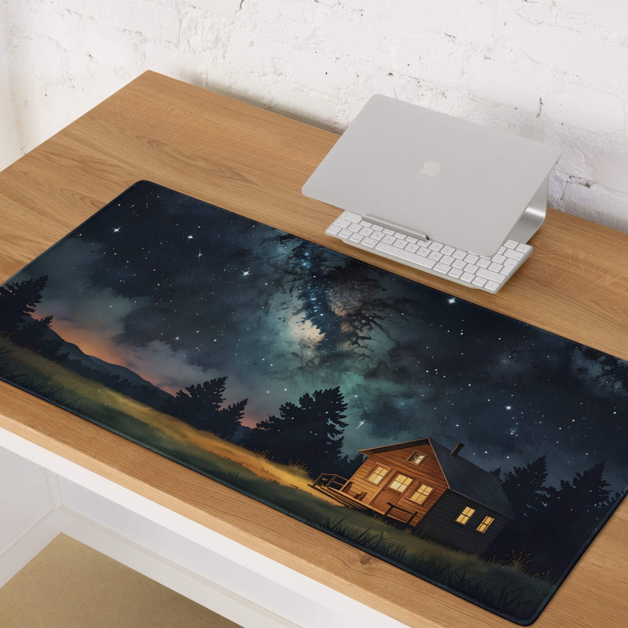 Dreamy night sky forest cabin on large blue gaming mouse pad