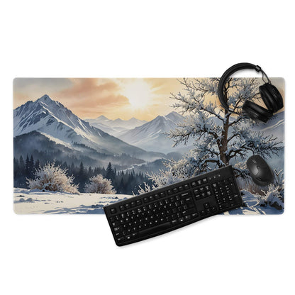 Winter sunrise mountain landscape gaming mouse pad with snow-capped peaks