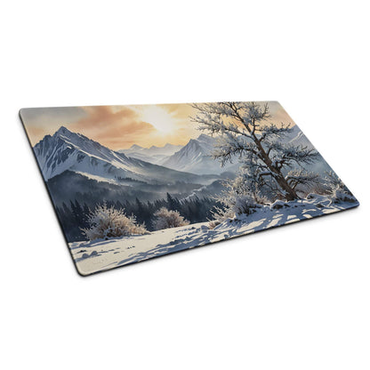 Winter sunrise mountain landscape glass cutting board with snow peaks