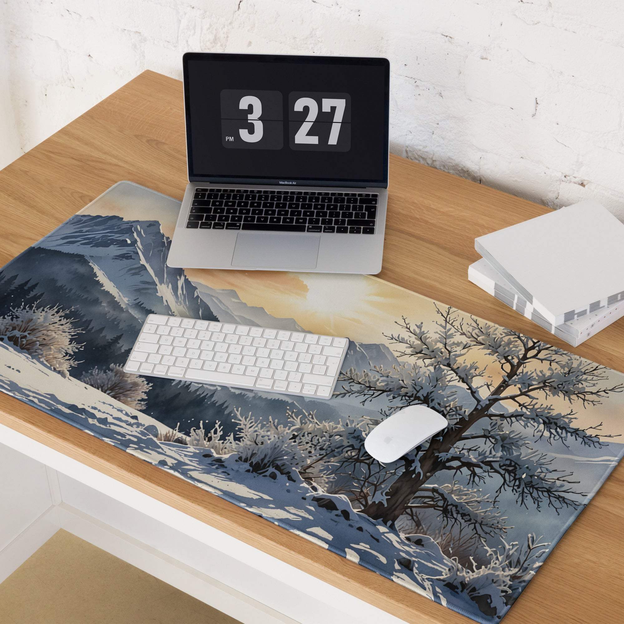Winter sunrise mountain landscape large gaming mouse pad with frost-covered terrain