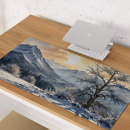 Winter sunrise mountain landscape gaming mouse pad with frost-covered peaks
