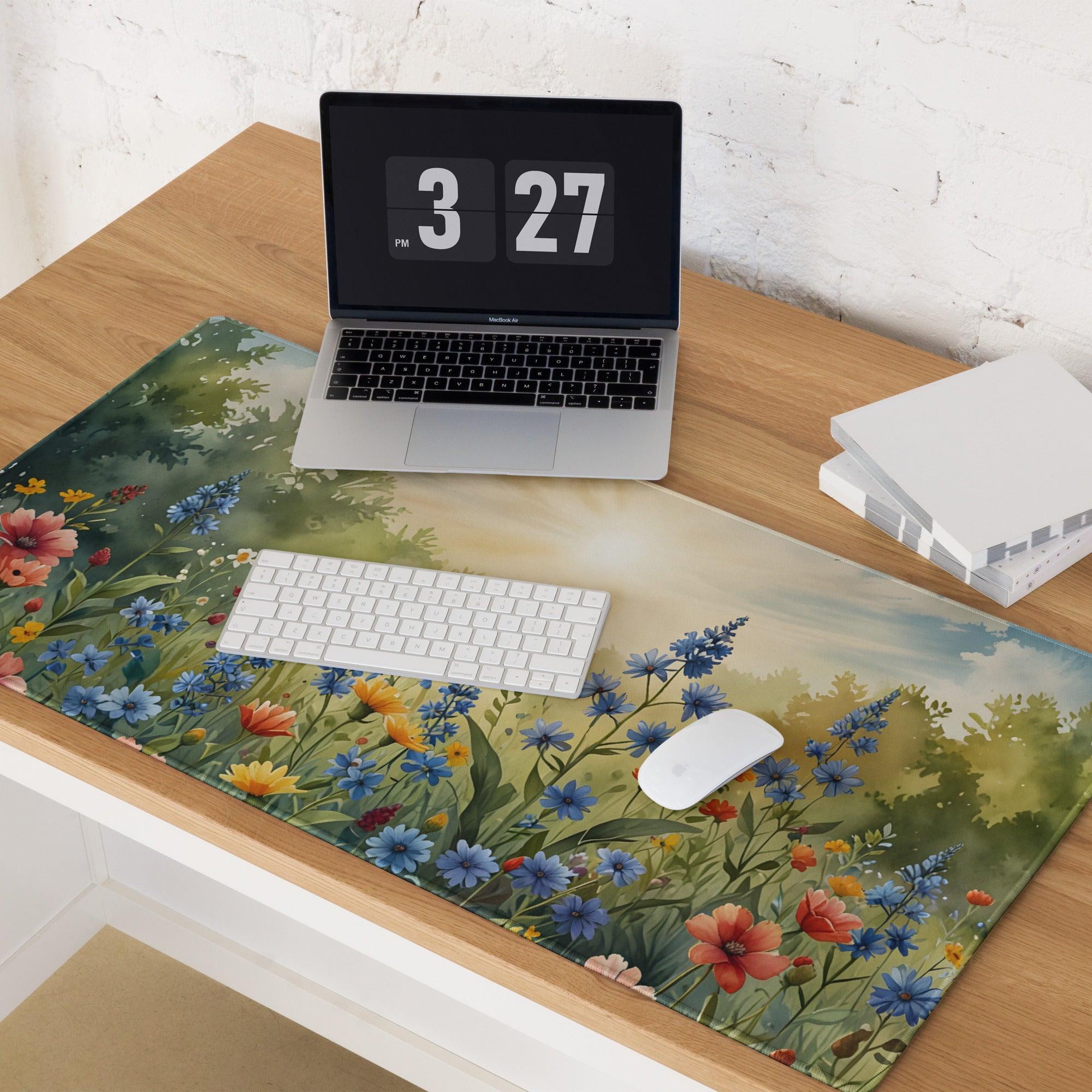 Sunrise Meadow floral gaming mouse pad with watercolor wildflowers