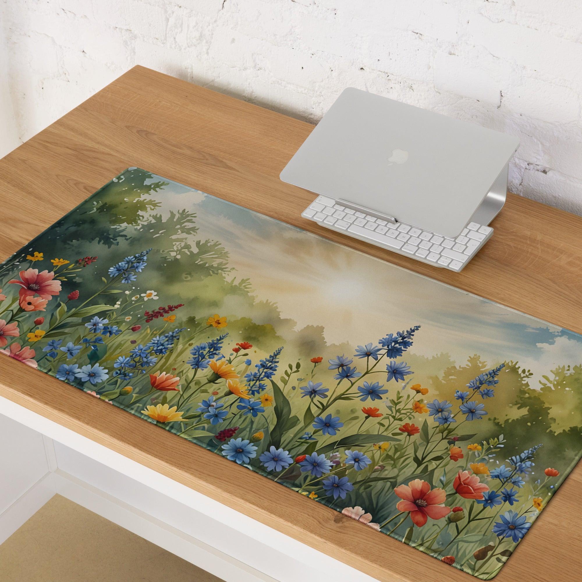 Sunrise Meadow floral gaming mouse pad with watercolor wildflowers