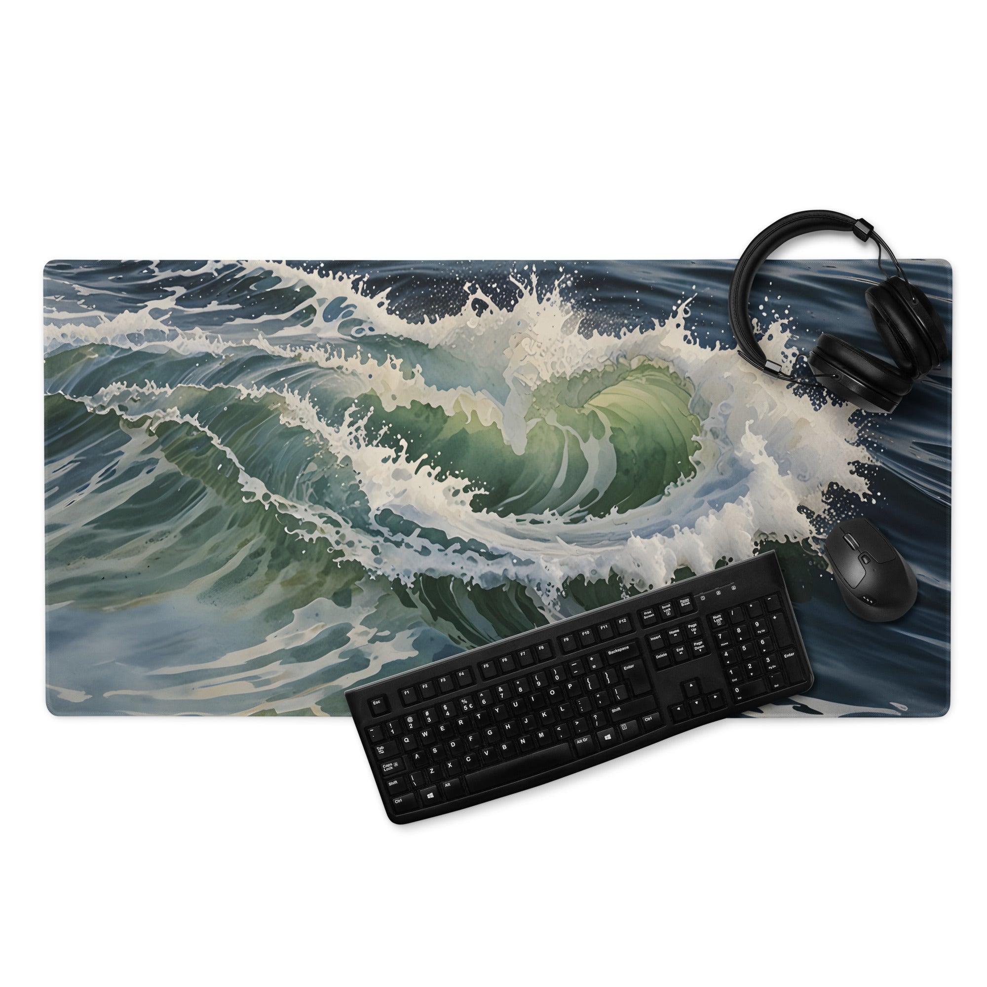 Dynamic ocean wave large non-slip gaming mouse pad in deep blue