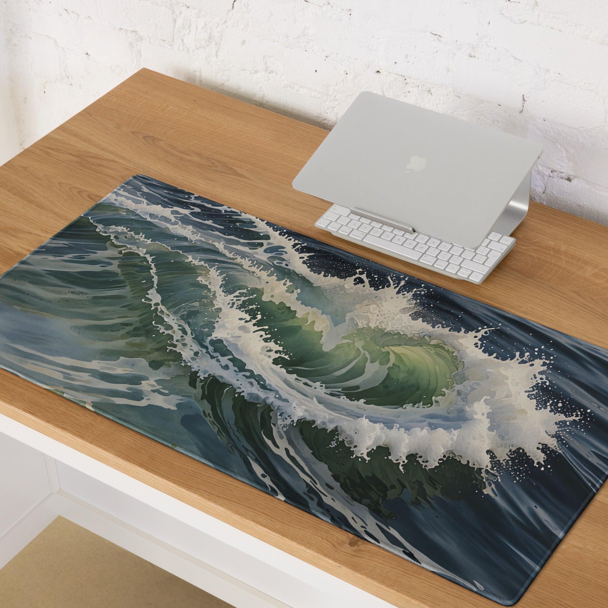 Dynamic Ocean Wave large non-slip gaming mouse pad in deep blue