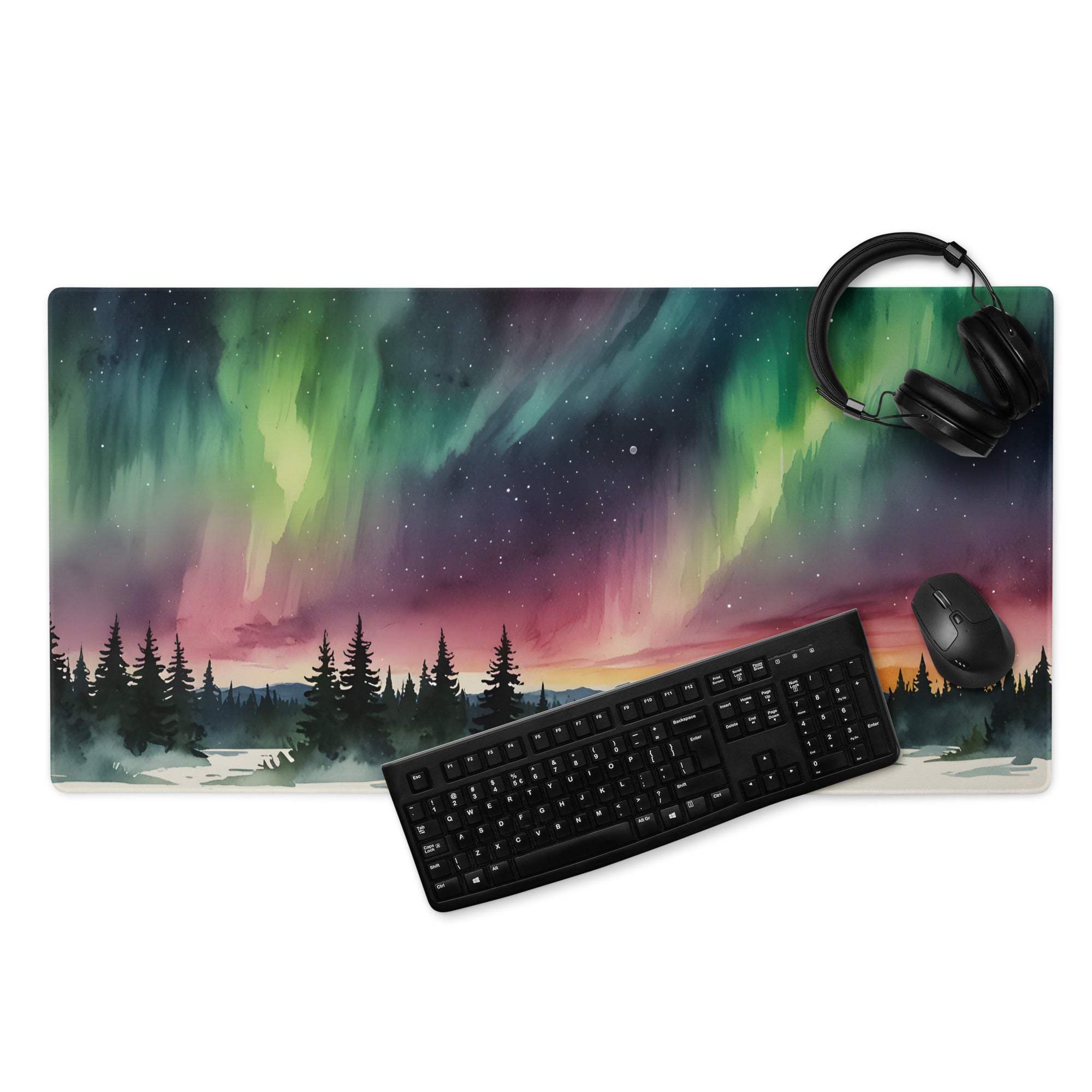 Artistic aurora borealis forest gaming mouse pad with vibrant watercolor design