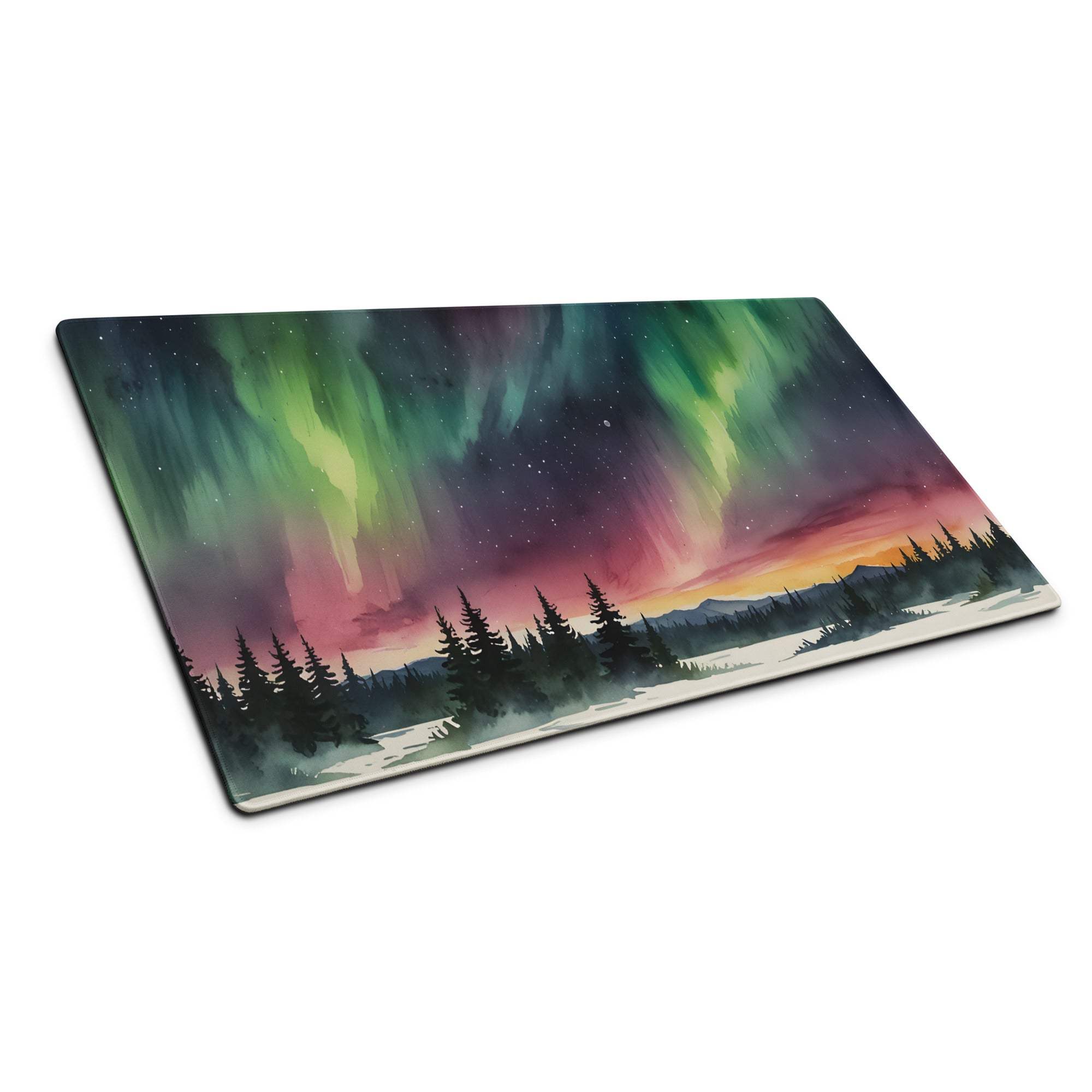 Artistic aurora borealis forest watercolor mouse pad with non-slip edges