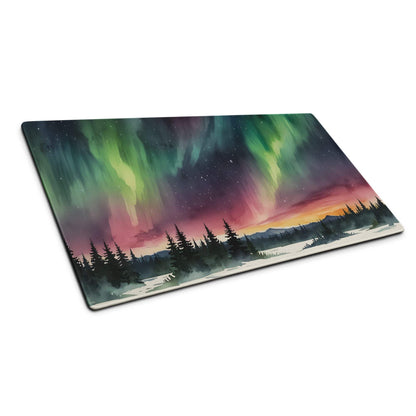 Artistic aurora borealis forest watercolor mouse pad with non-slip edges