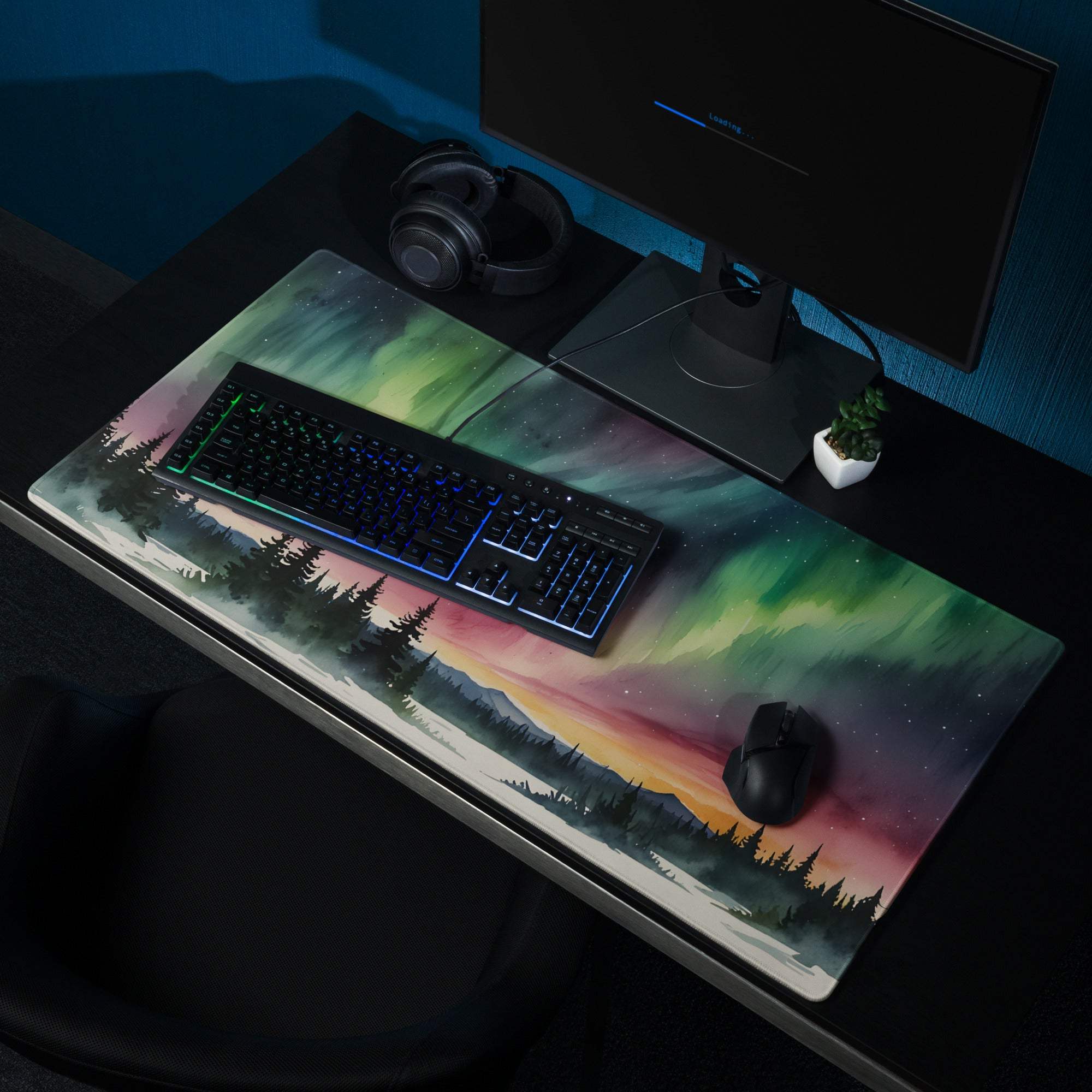 Artistic aurora borealis forest gaming mouse pad with vibrant night sky