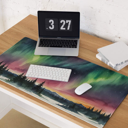 Artistic aurora borealis forest gaming mouse pad with vibrant night sky