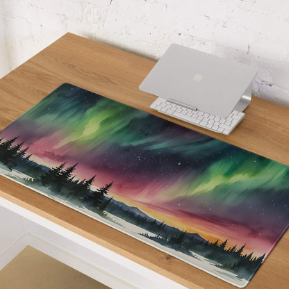 Artistic aurora borealis forest gaming mouse pad with vibrant night sky