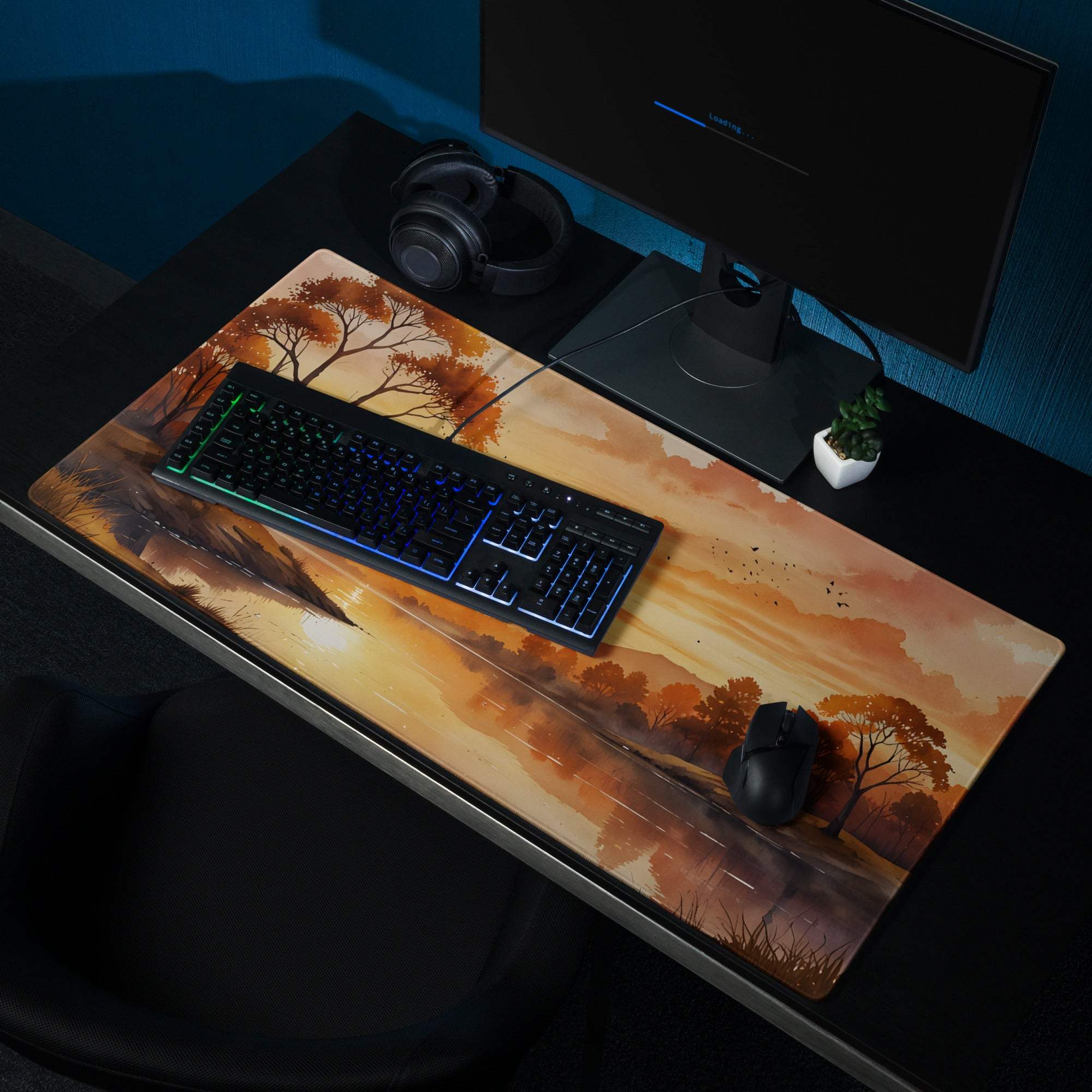 Large warm sunset gaming mouse pad with orange brown landscape, non-slip bottom, stitched edges