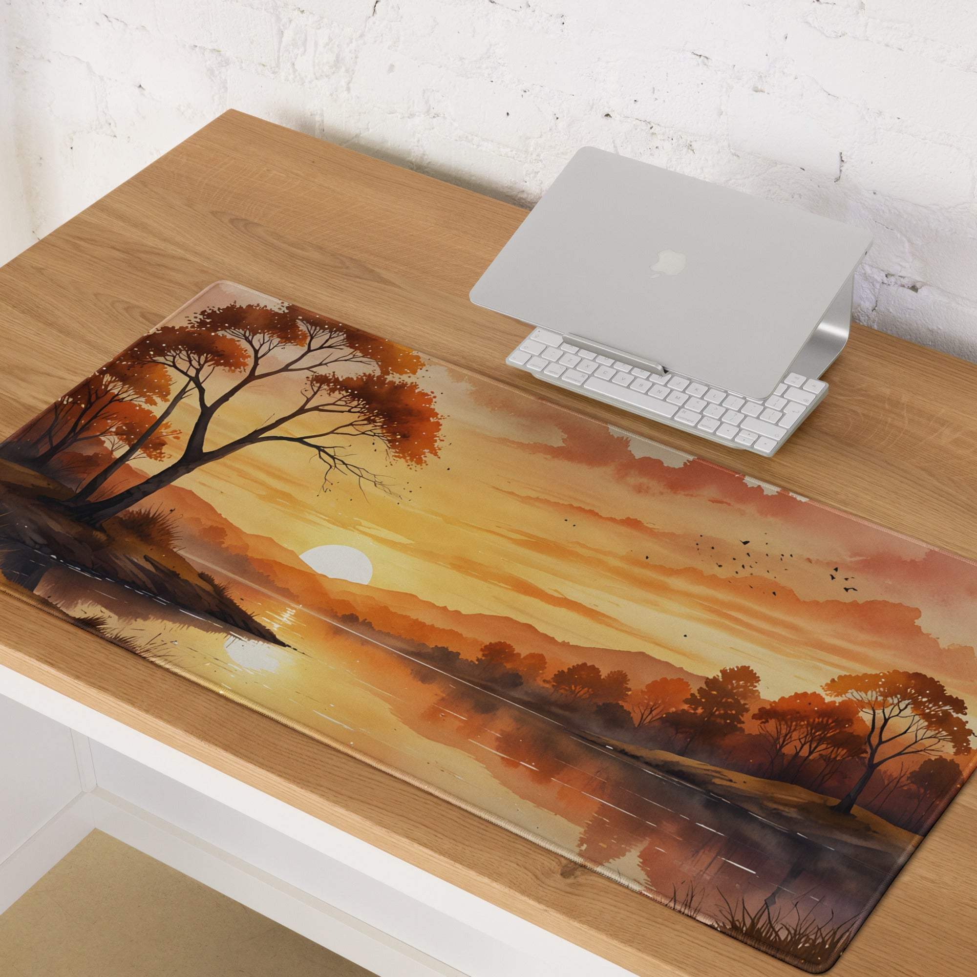 Transparent watercolor sunset mouse pad with non-slip bottom and stitched edges