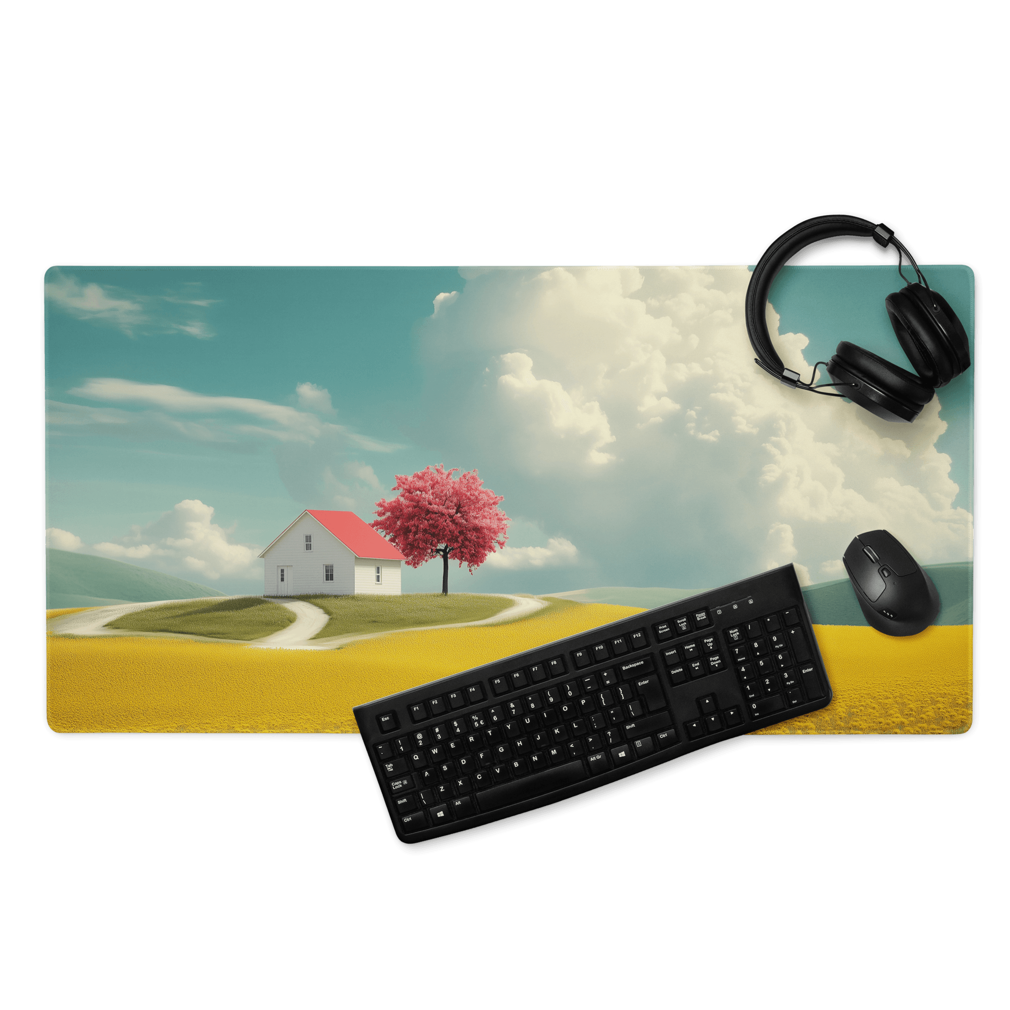 Dreamy landscape gaming mouse pad with white house, pink tree, yellow fields