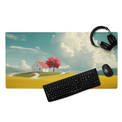 Dreamy landscape gaming mouse pad with white house, pink tree, yellow fields