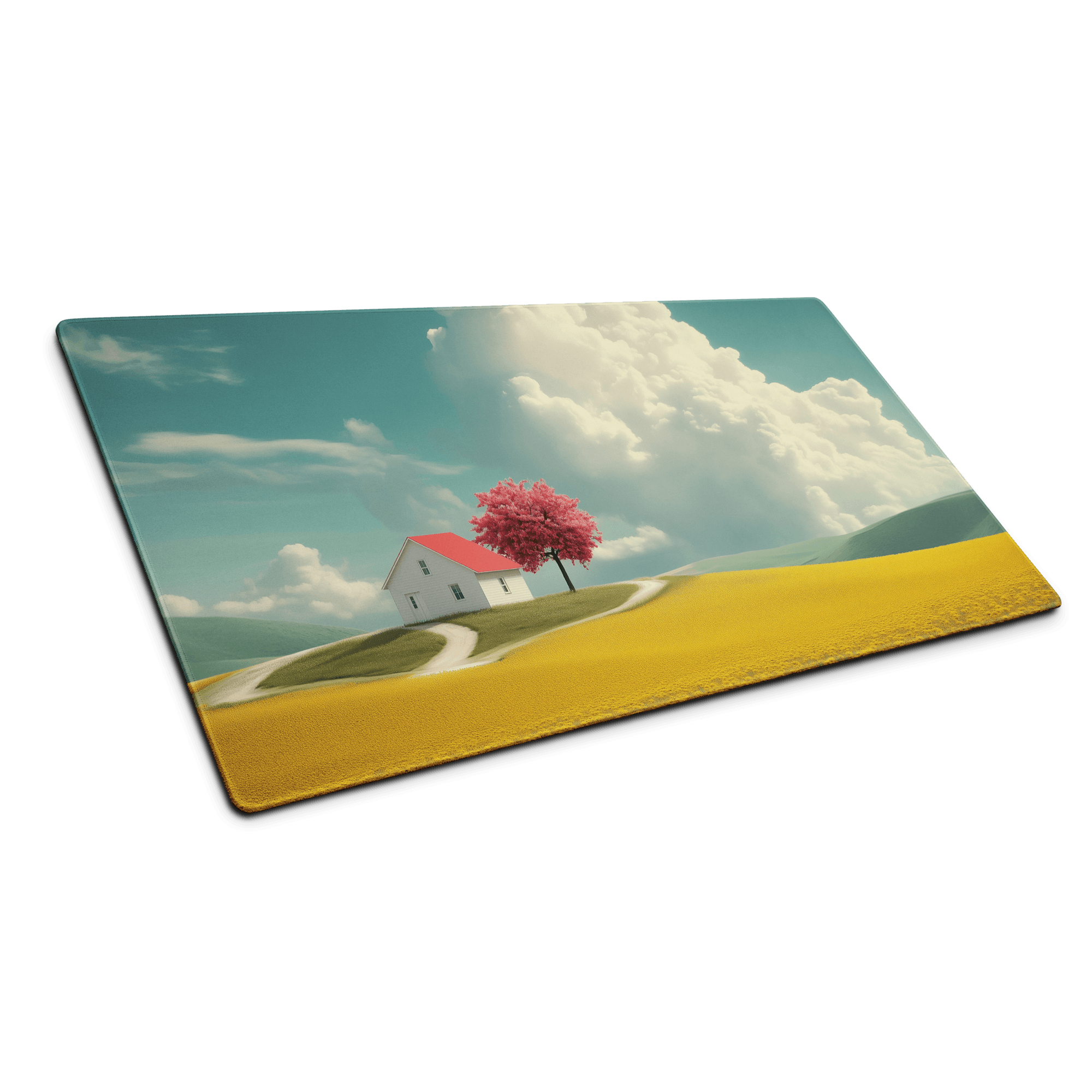 Rectangular glass cutting board with dreamy countryside scene, white house, red roof, pink tree, blue sky